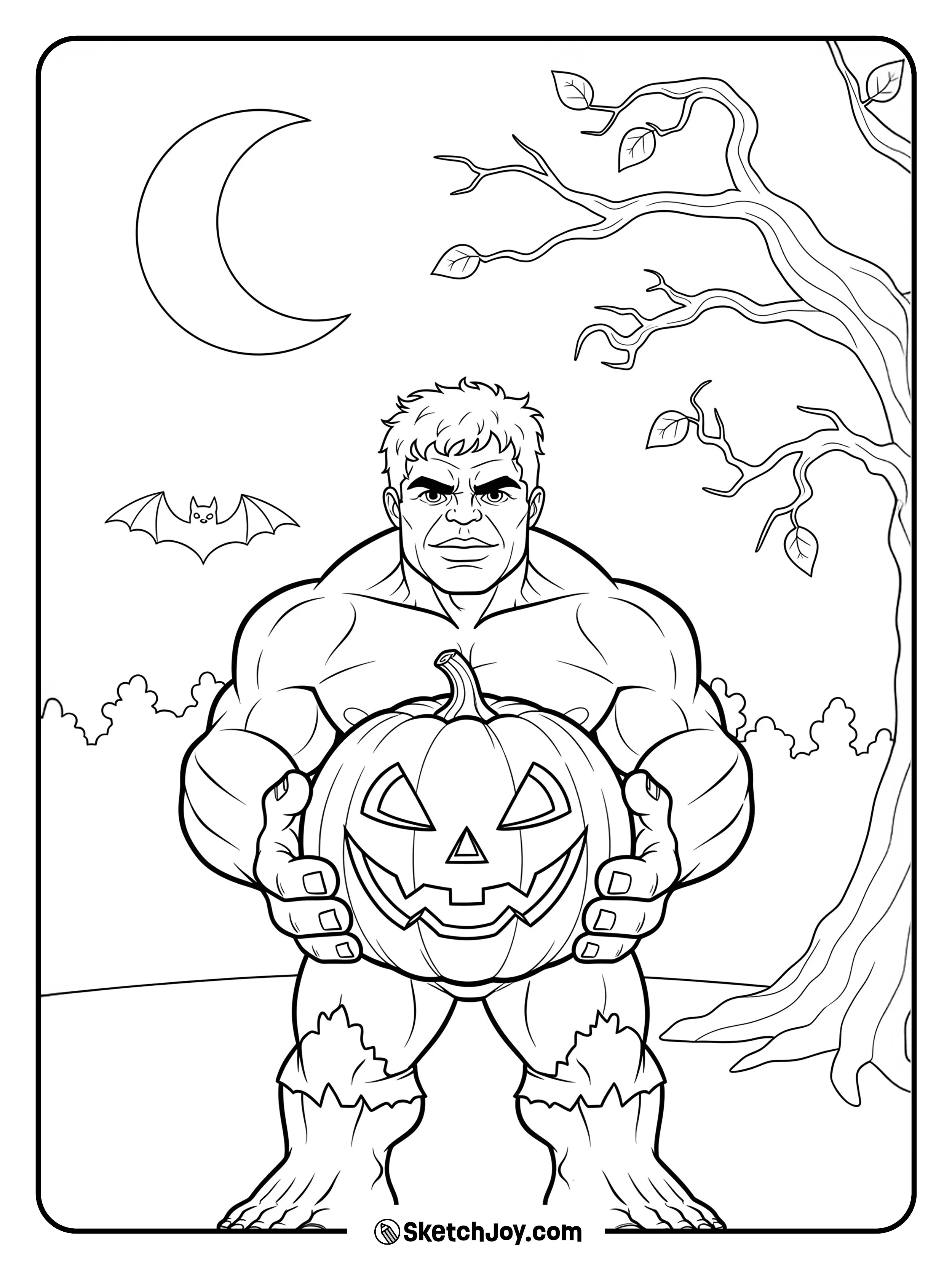 Hulk stands in a field at night and holds a carved pumpkin.