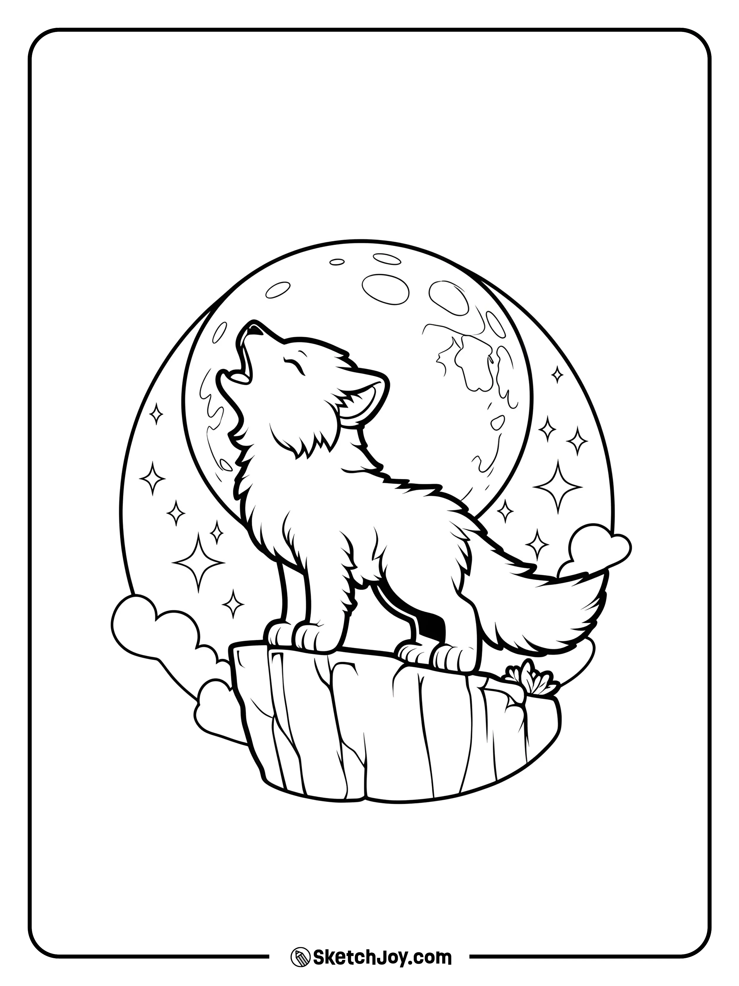 A cute wolf pup stands on a rocky ledge and howls at a big moon.