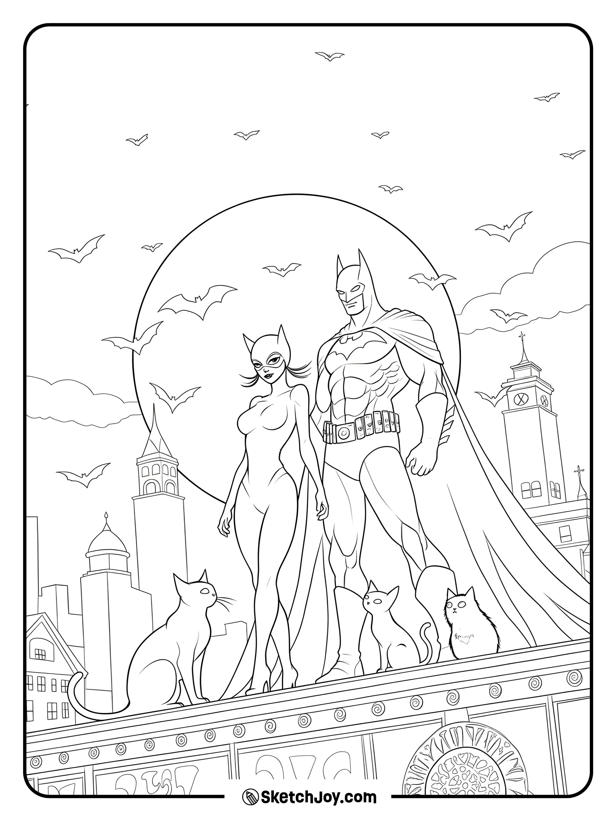 Batman and Catwoman stand on a roof with cats and bats around.