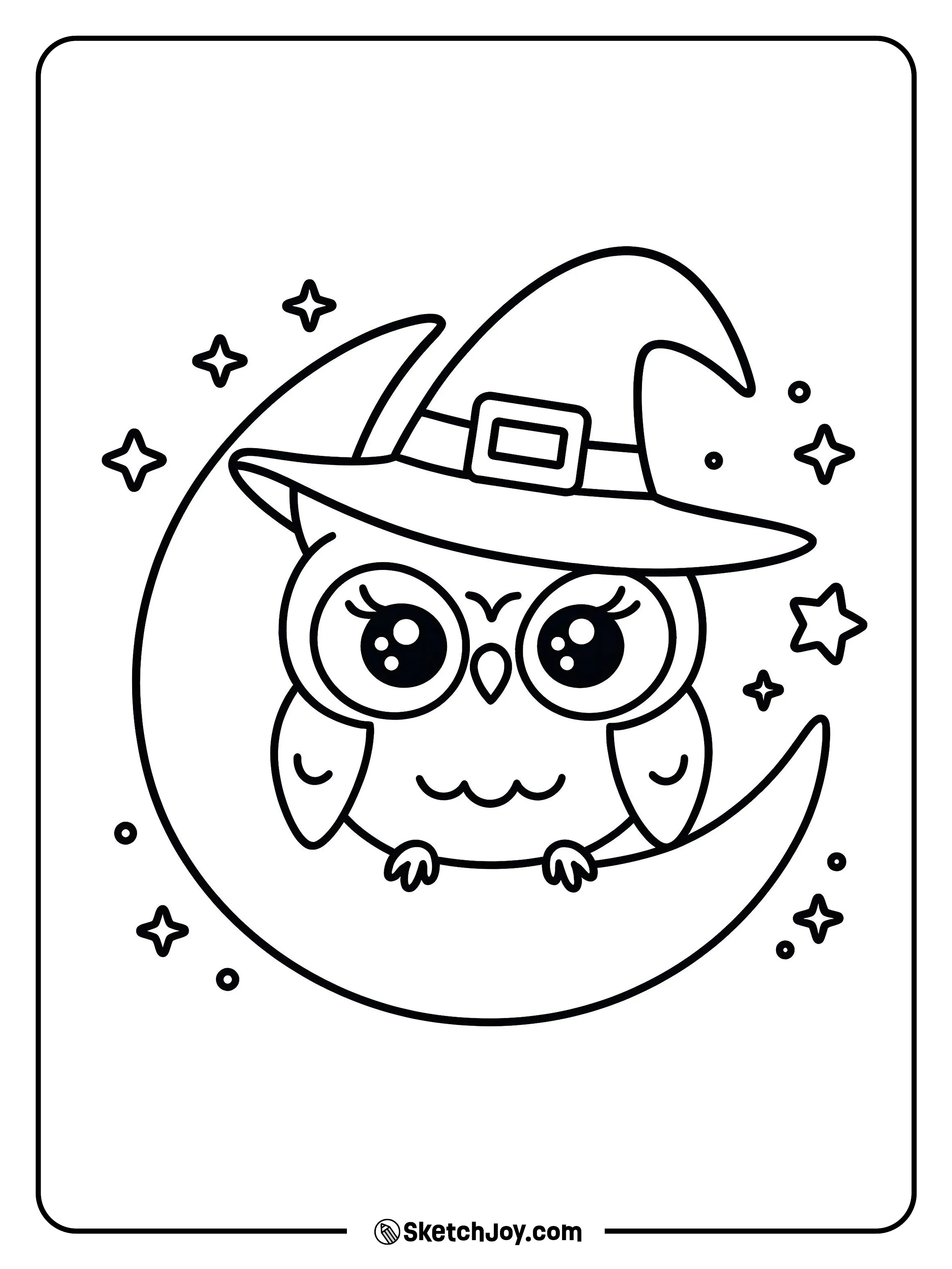 A cute round owl sits on a crescent moon and wears a simple witch hat