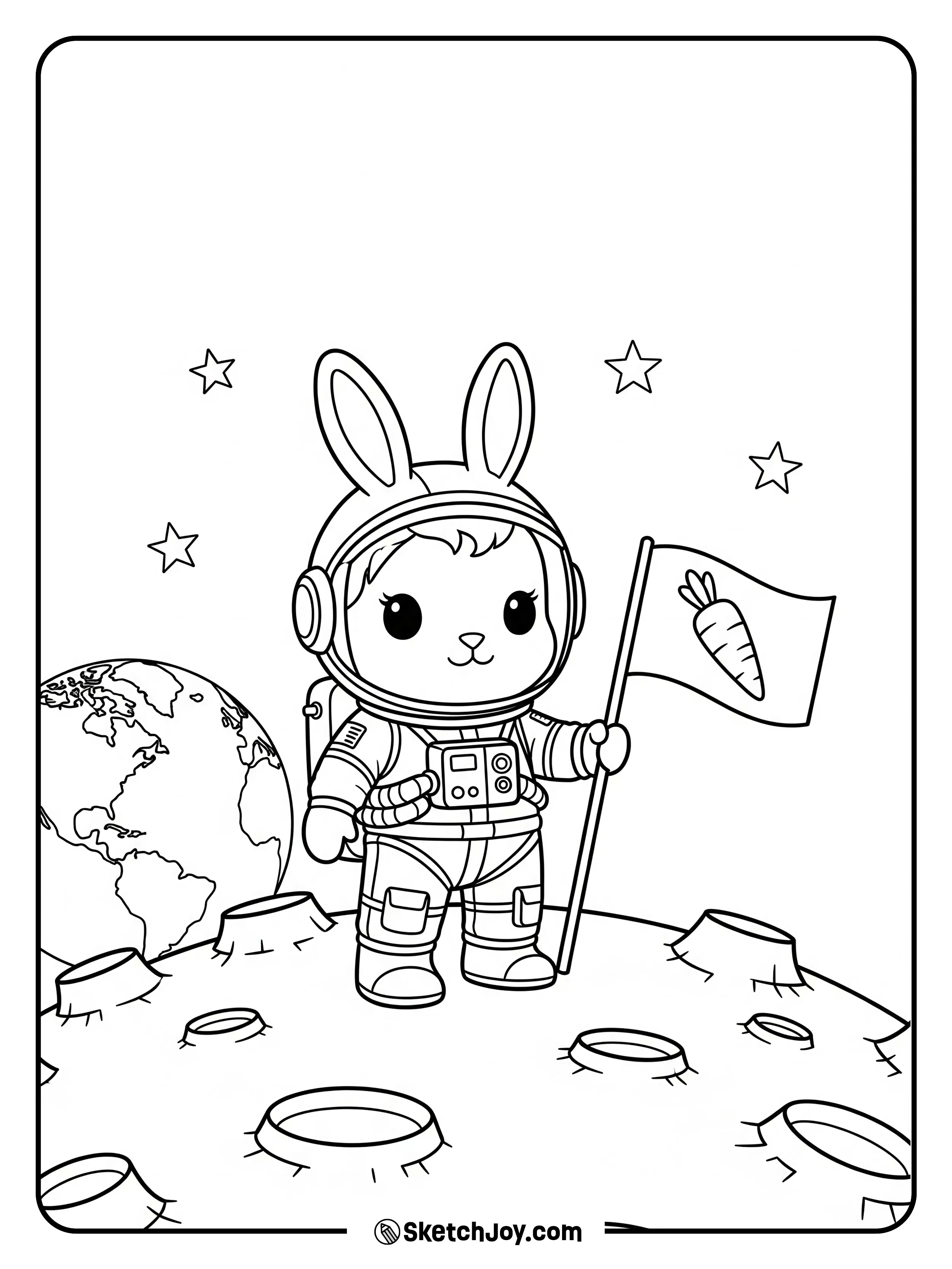 A space suit bunny plants a carrot flag on the moon.