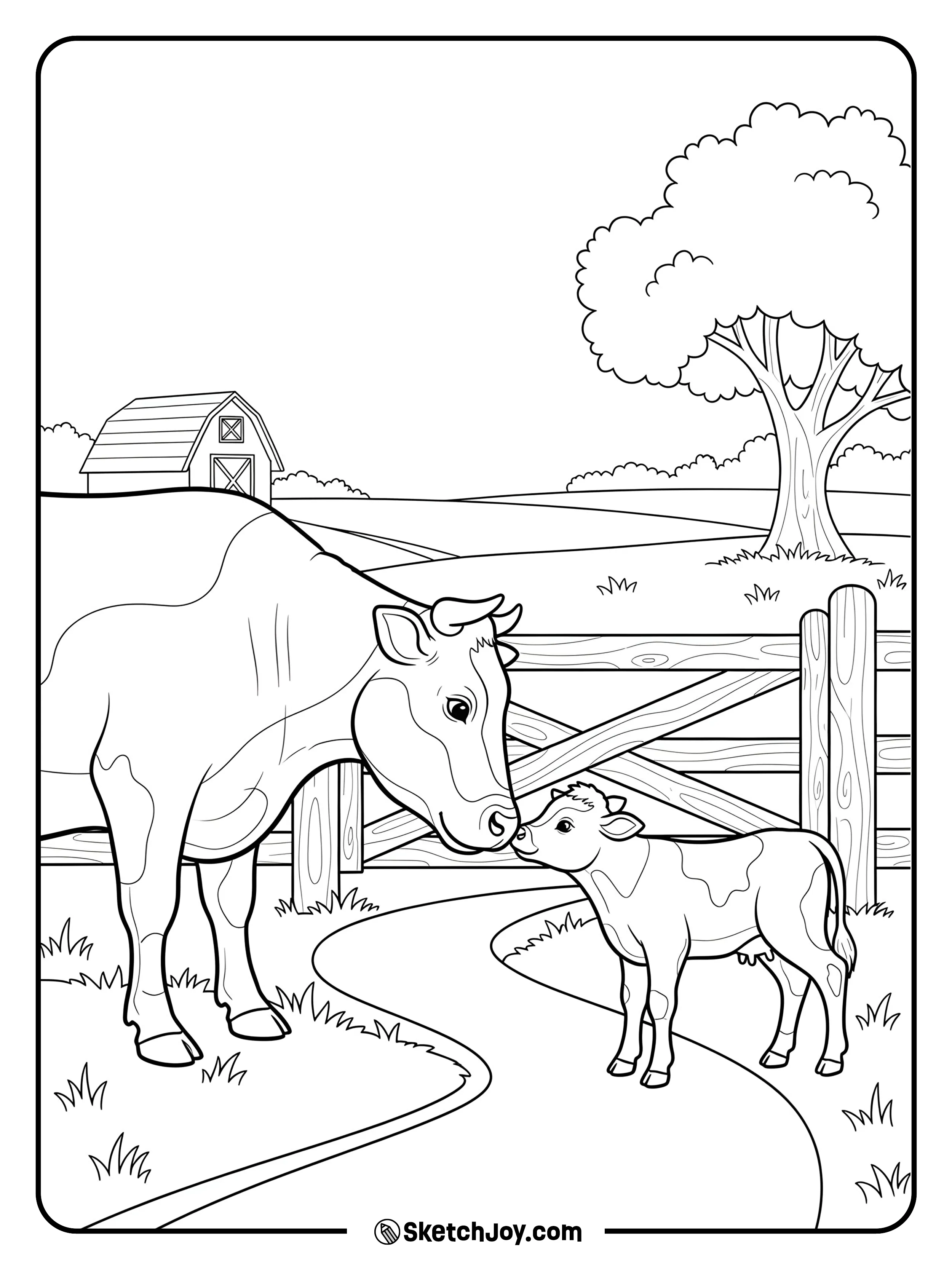 A mother cow nuzzles her playful calf beside a wooden gate