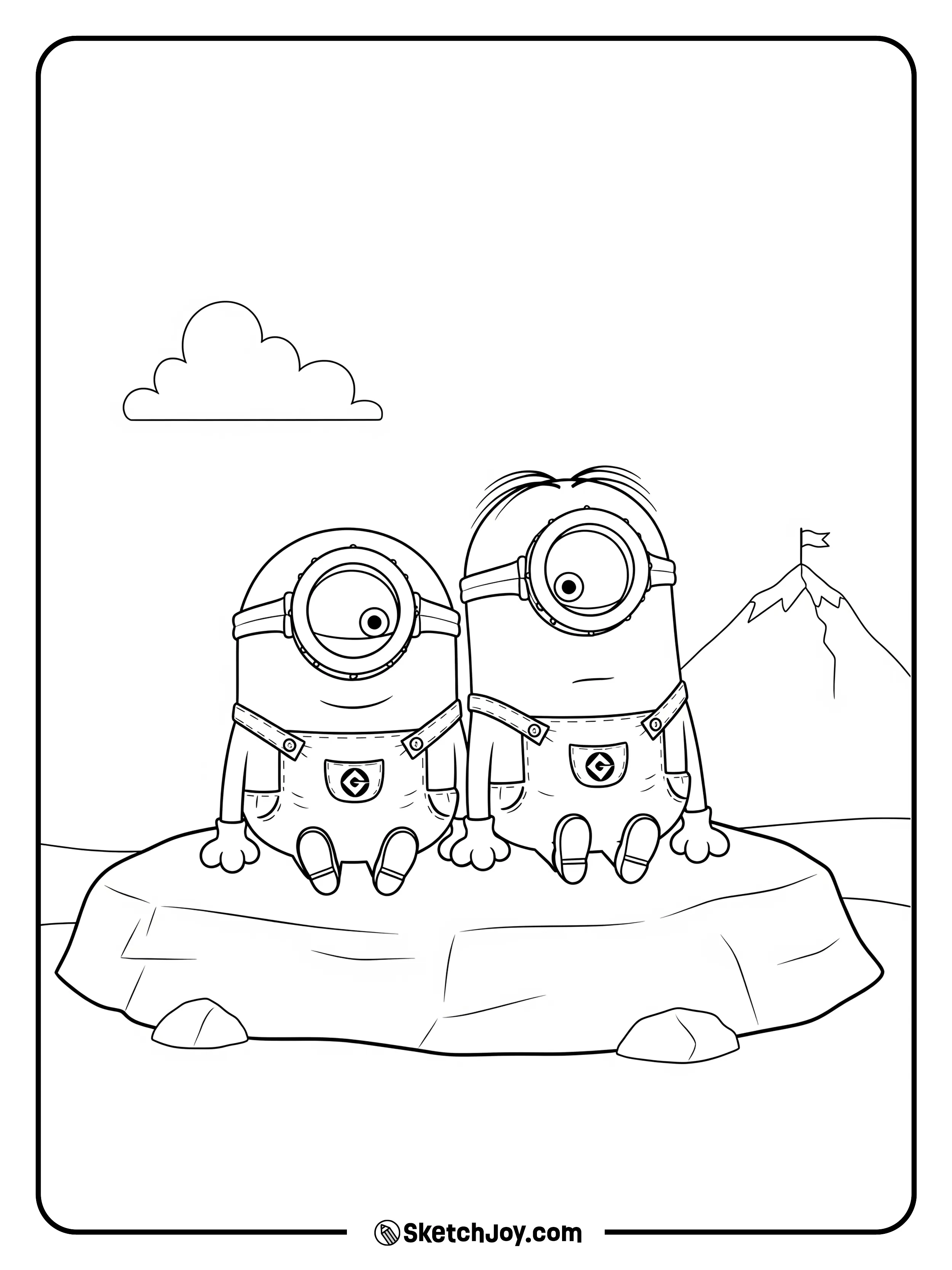 Two Minions rest on a rock.