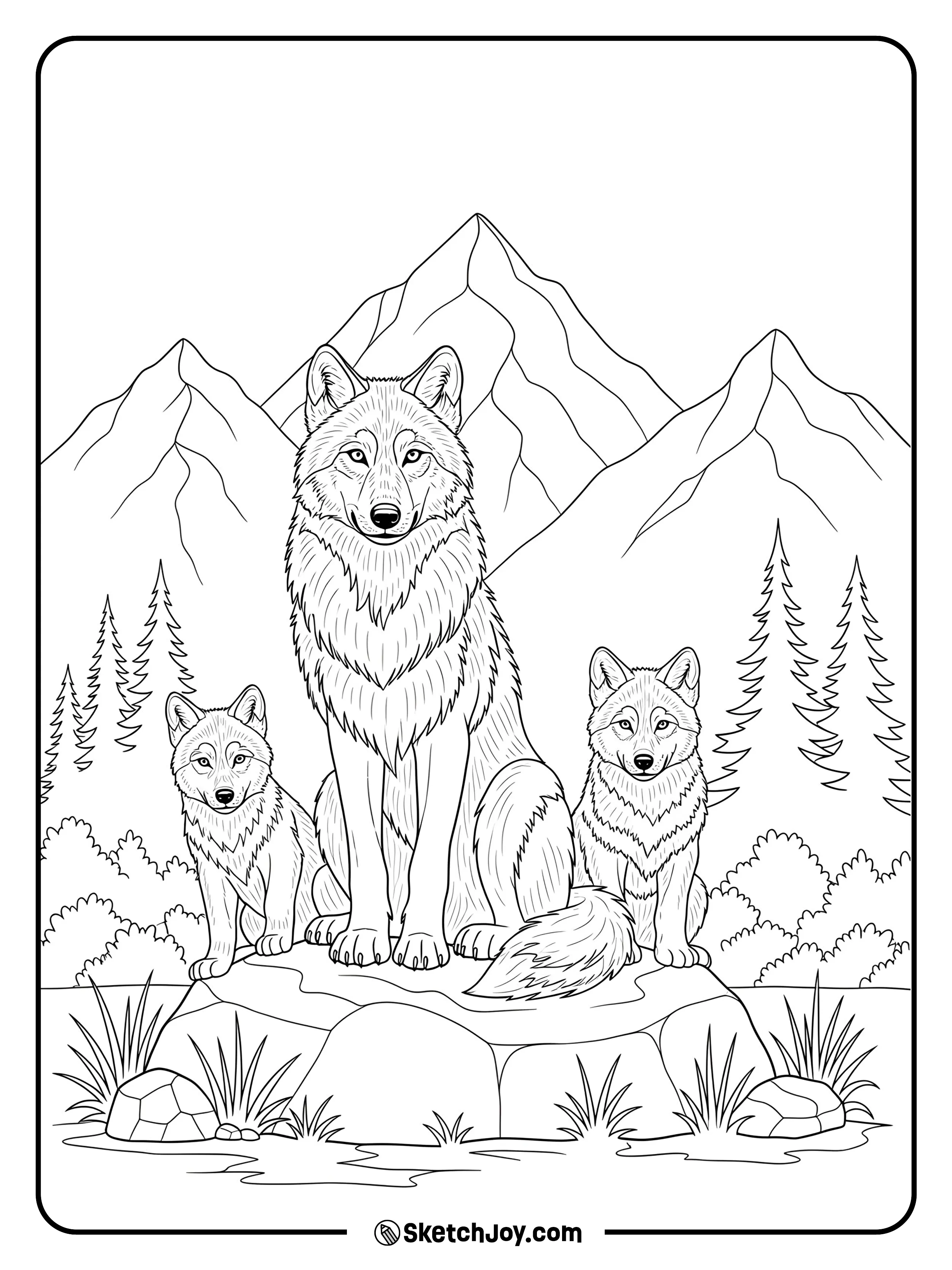 An adult wolf sits on a smooth boulder with two pups at its sides.