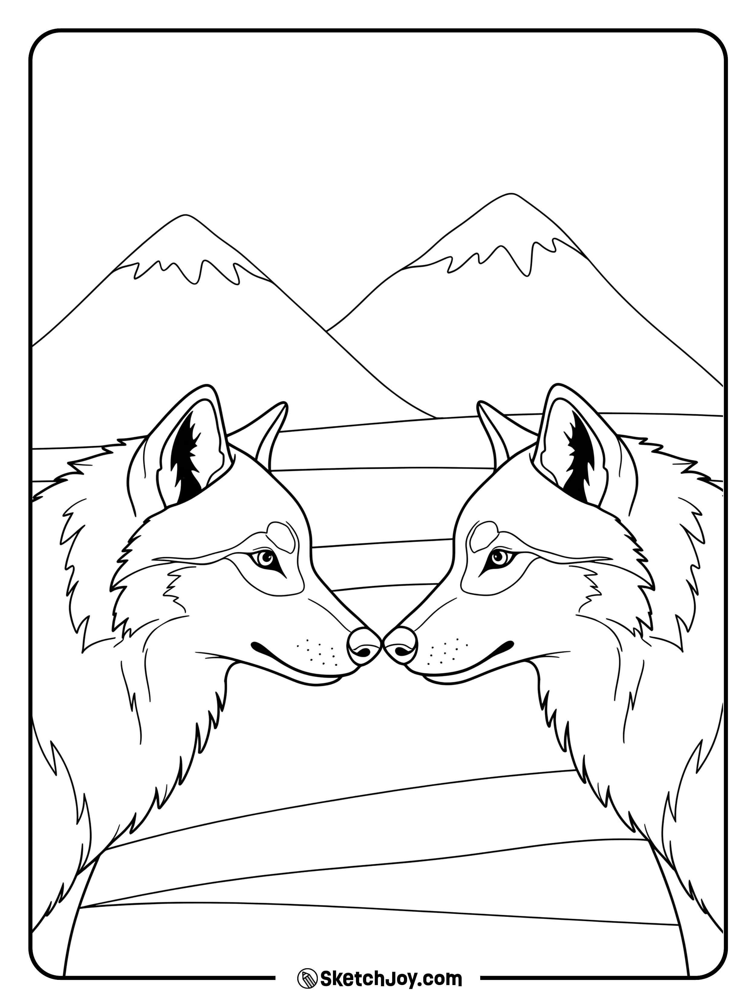 Two wolves touch noses on a ridge.