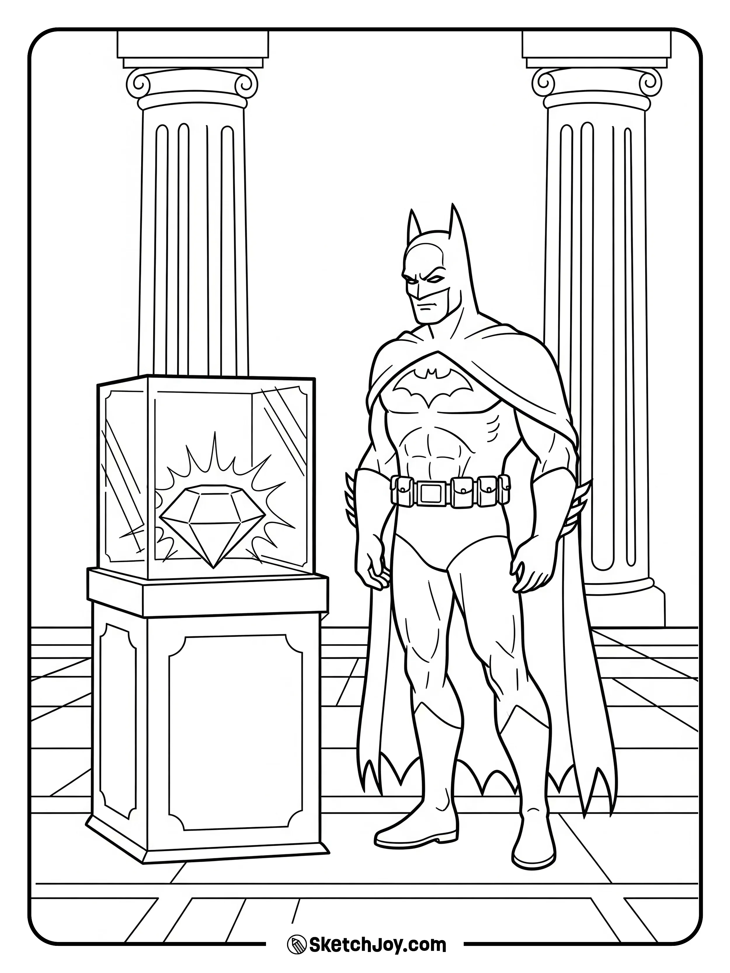 Batman stands near a glass case with a bright gem.