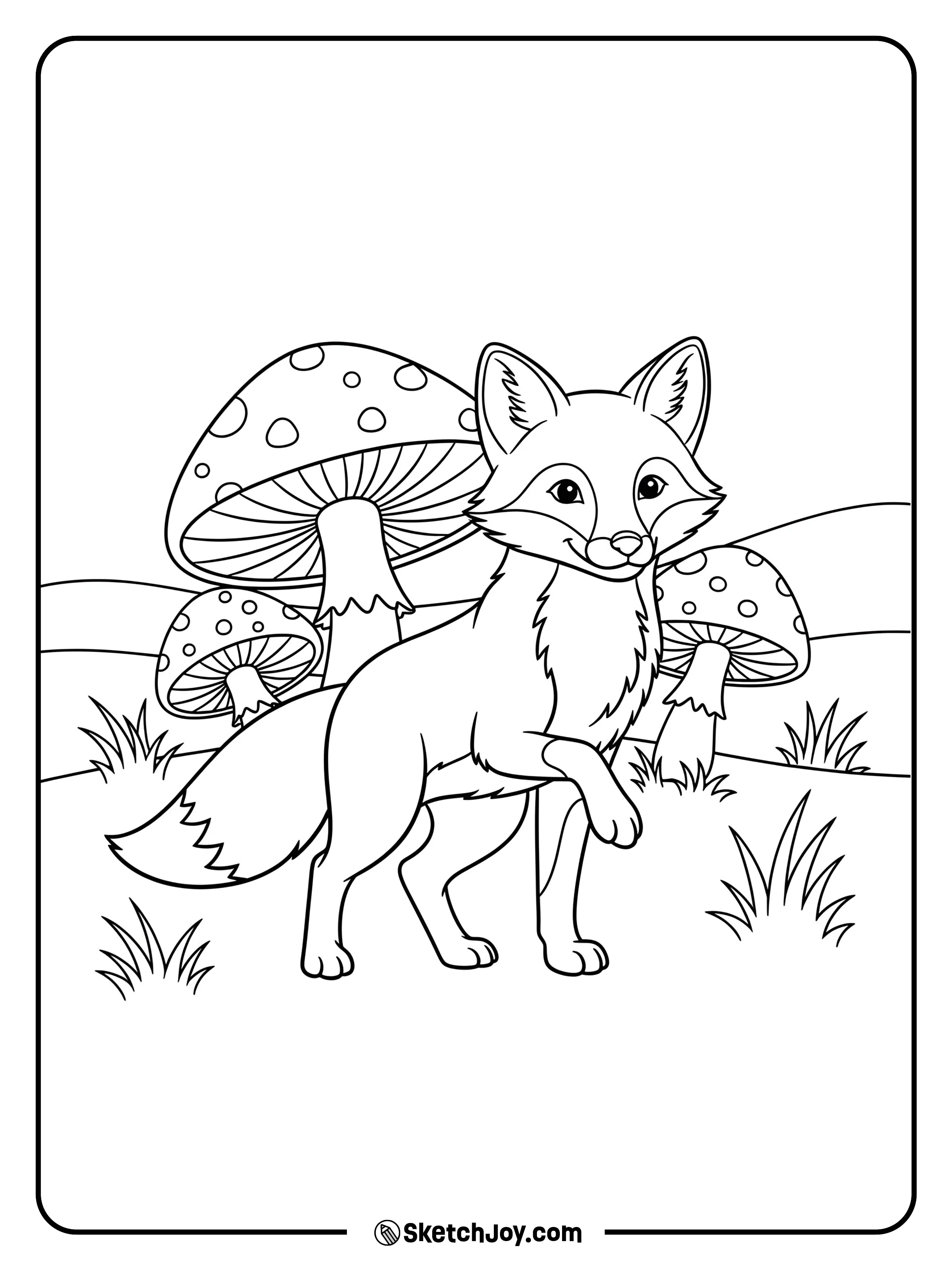 A fox walks past two oversized mushrooms with soft grass tufts.