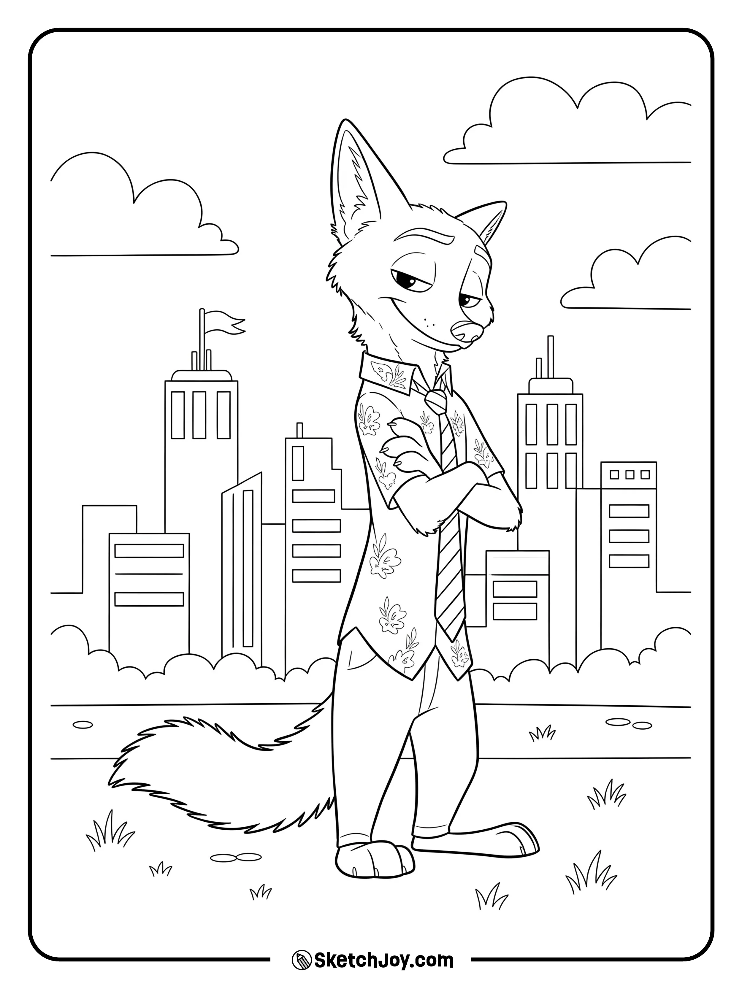 Nick Wilde stands with folded arms and a sly half-smile