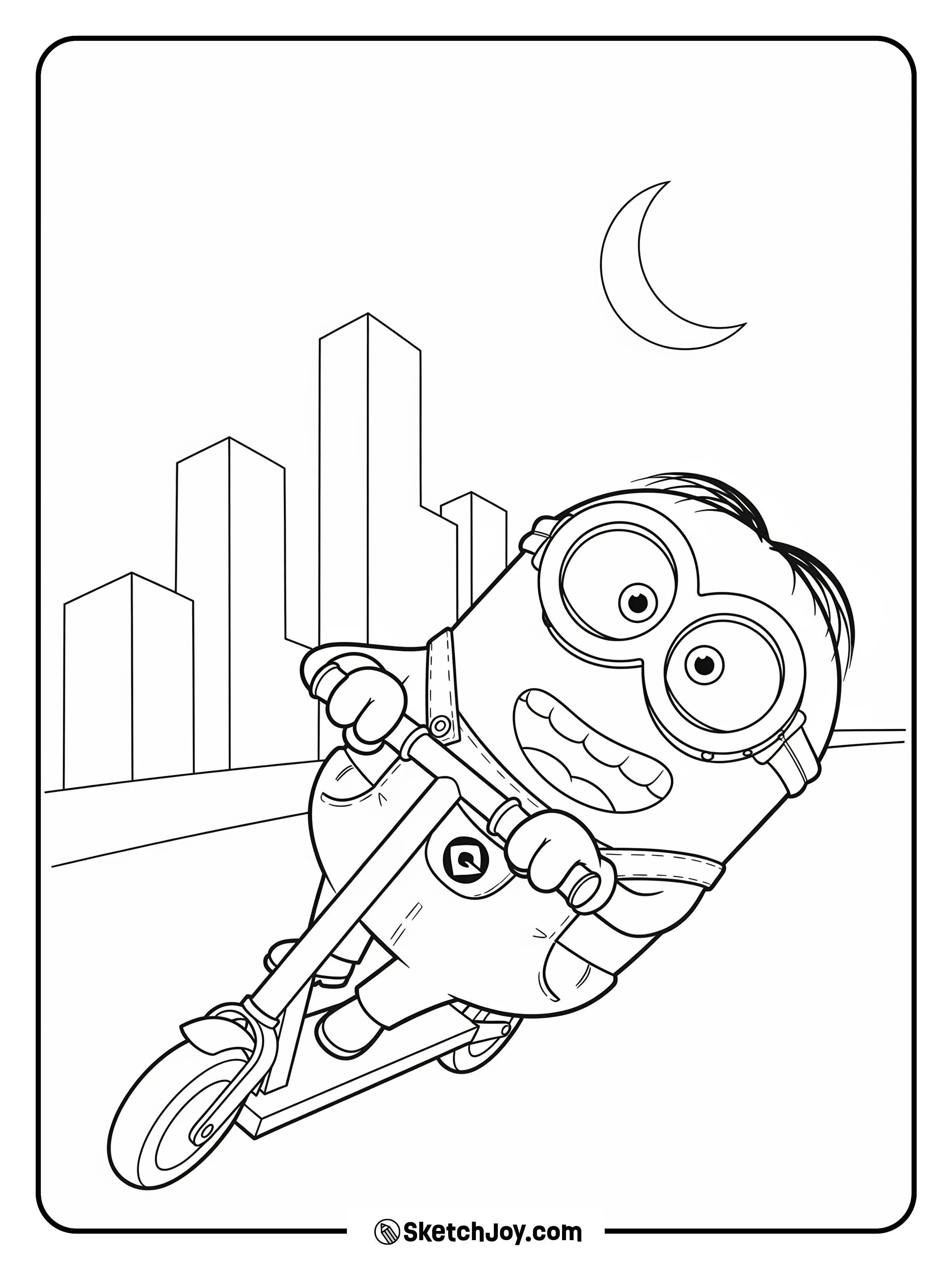 Kevin rides a scooter past three tall building shapes and a crescent moon.