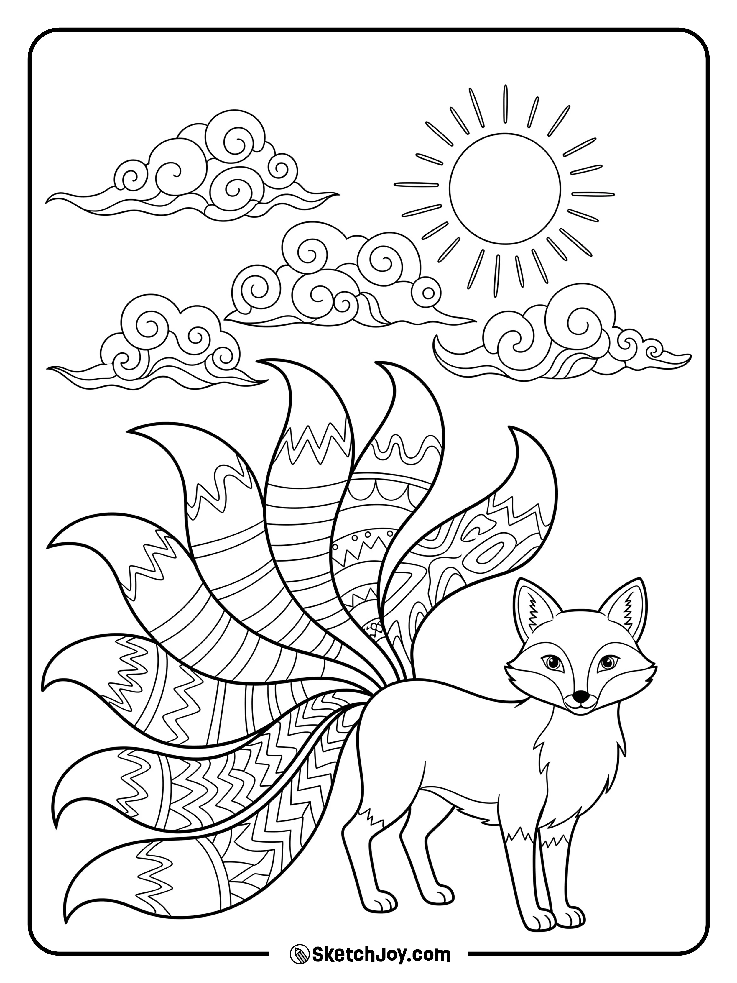 A mystical fox with many flowing tails stands on stylized clouds.