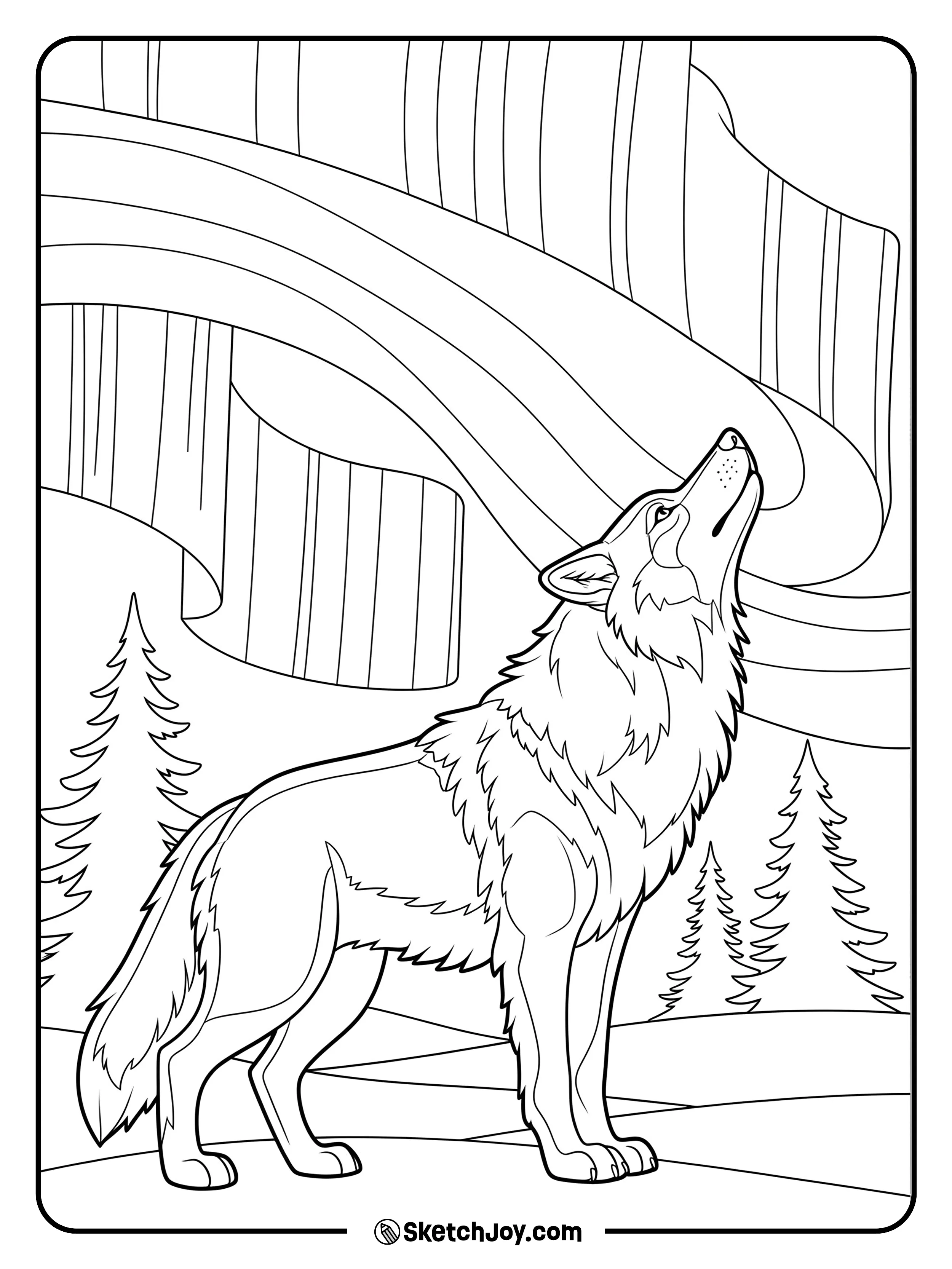 A wolf howls while smooth aurora bands wave above.