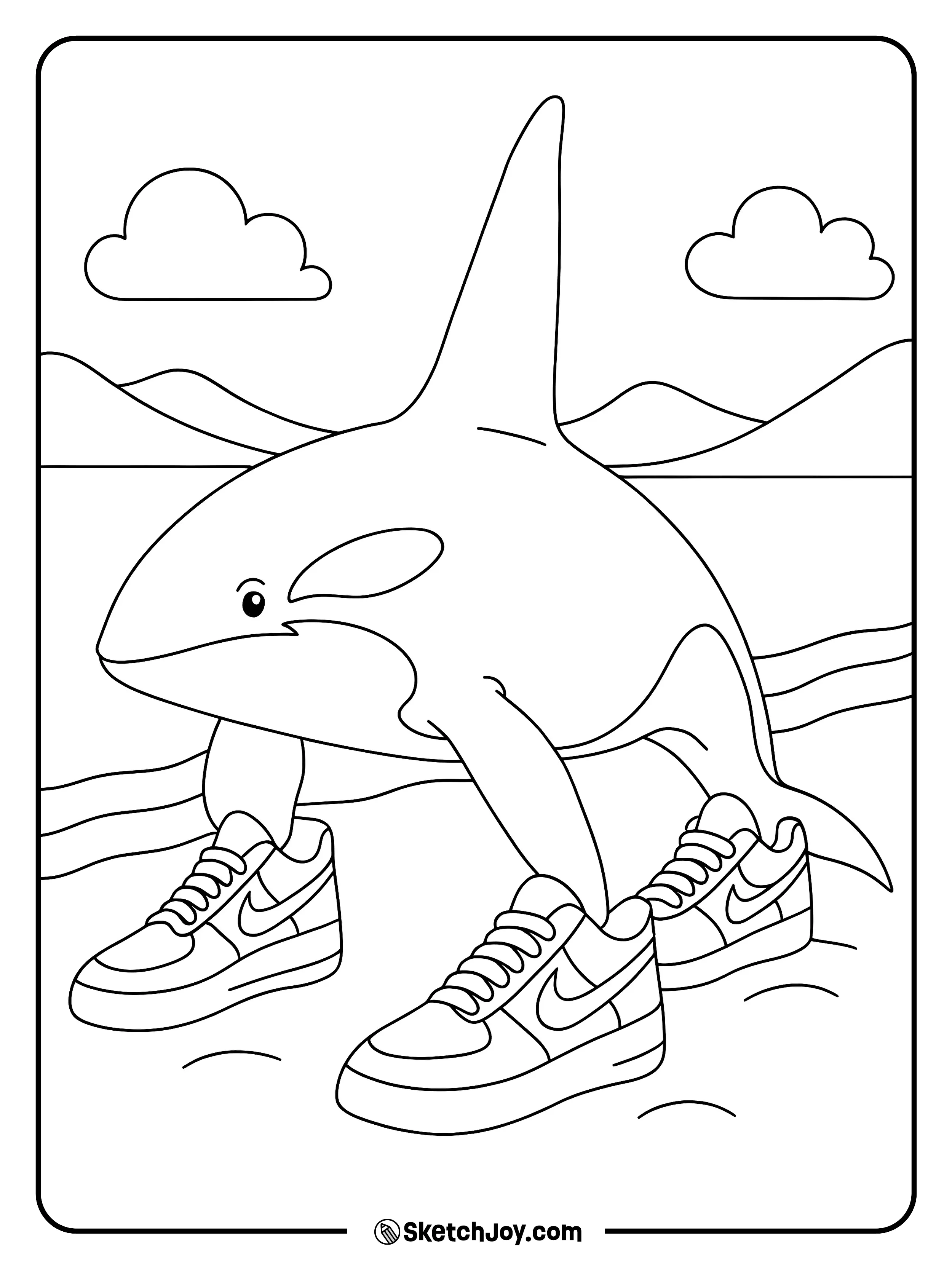 Orcalero Orcala stepping along the beach in big sneakers.