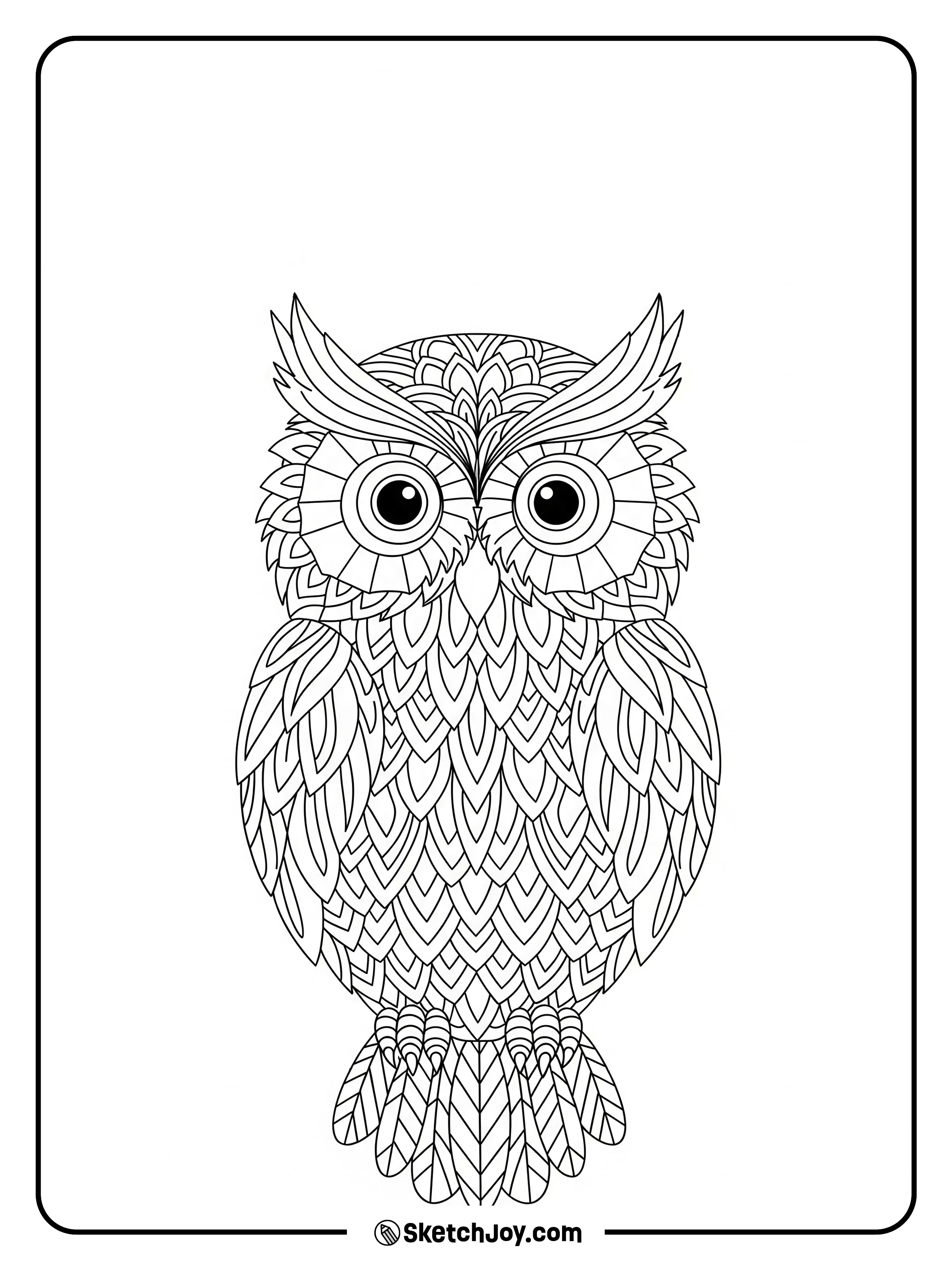 A stylized owl has swirling feather lines and neat patterns.