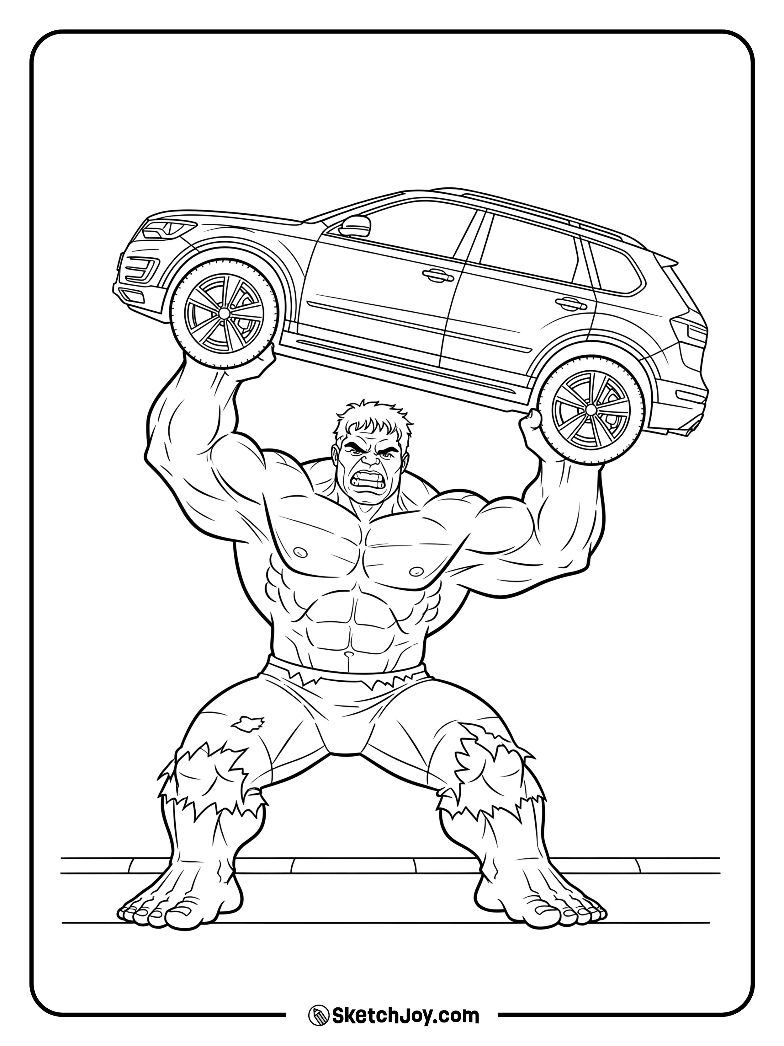 Hulk raises a car above his head and stands firm on the road.