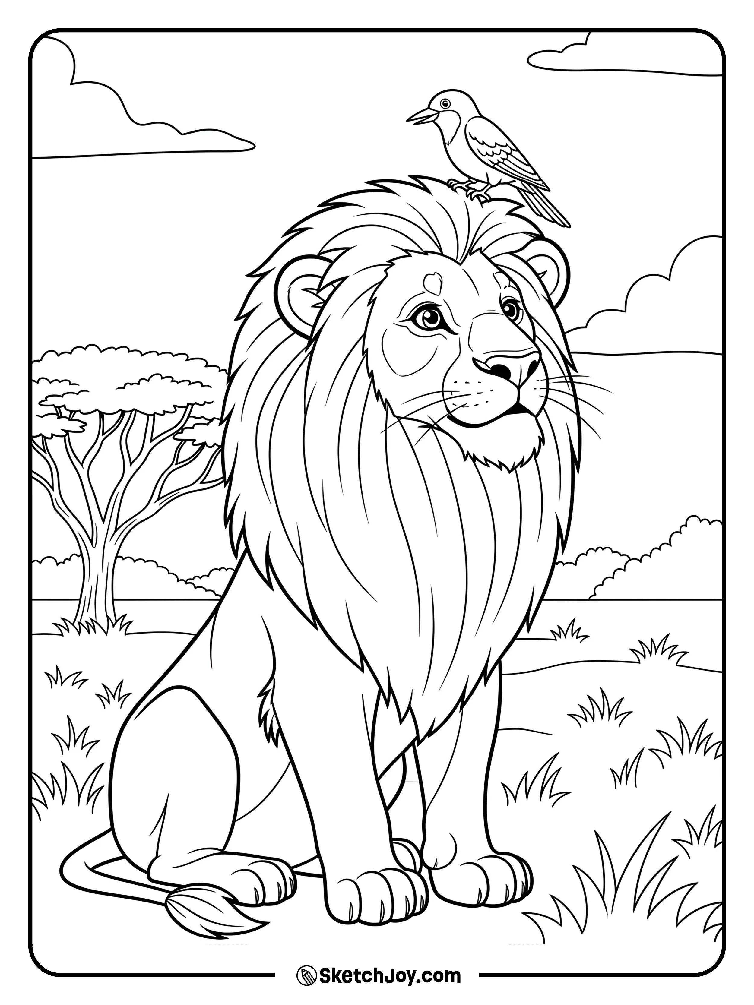A small bird perches on a lion's mane as the lion sits calmly.
