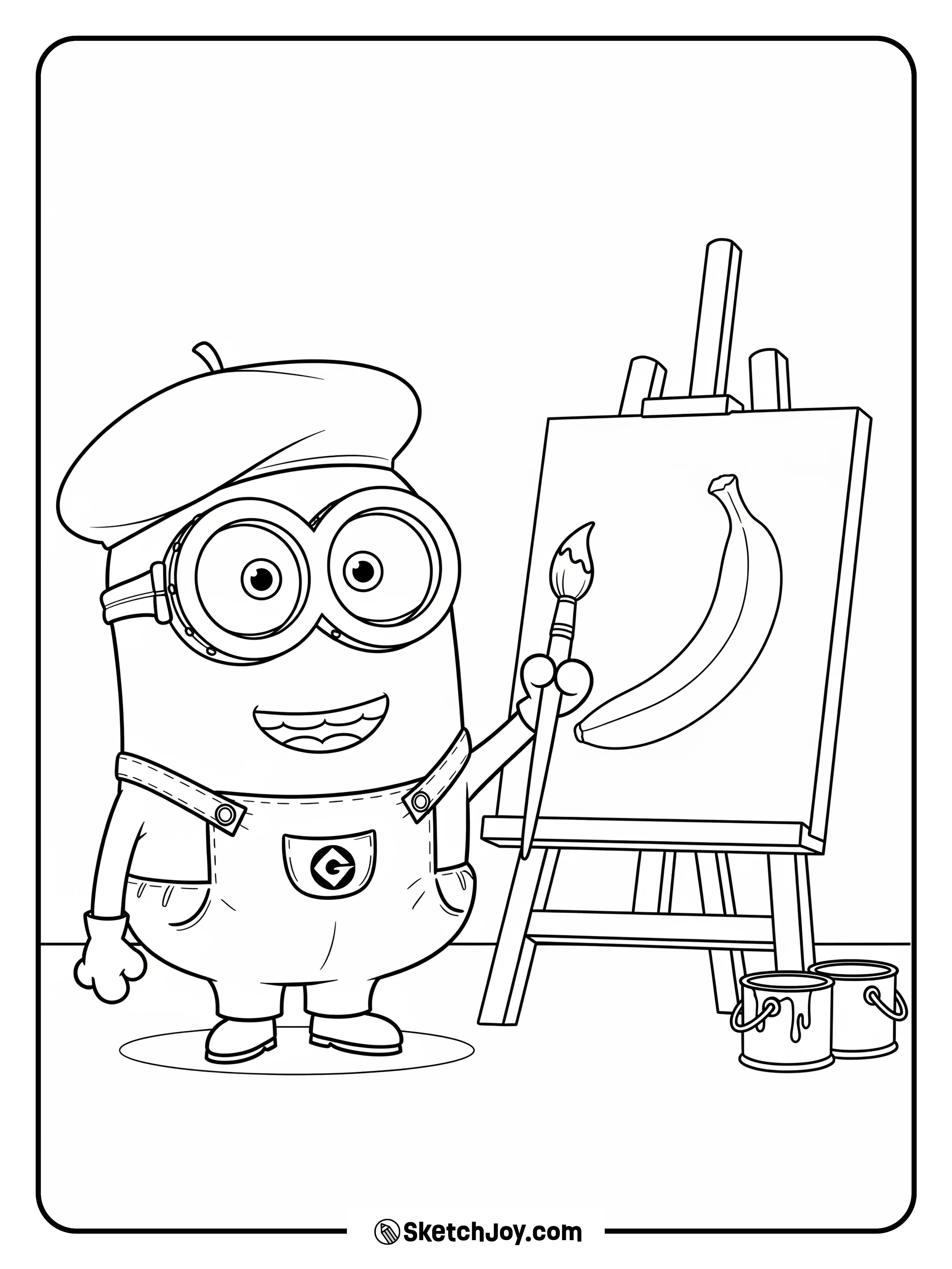 A Minion paints a banana on a small easel.