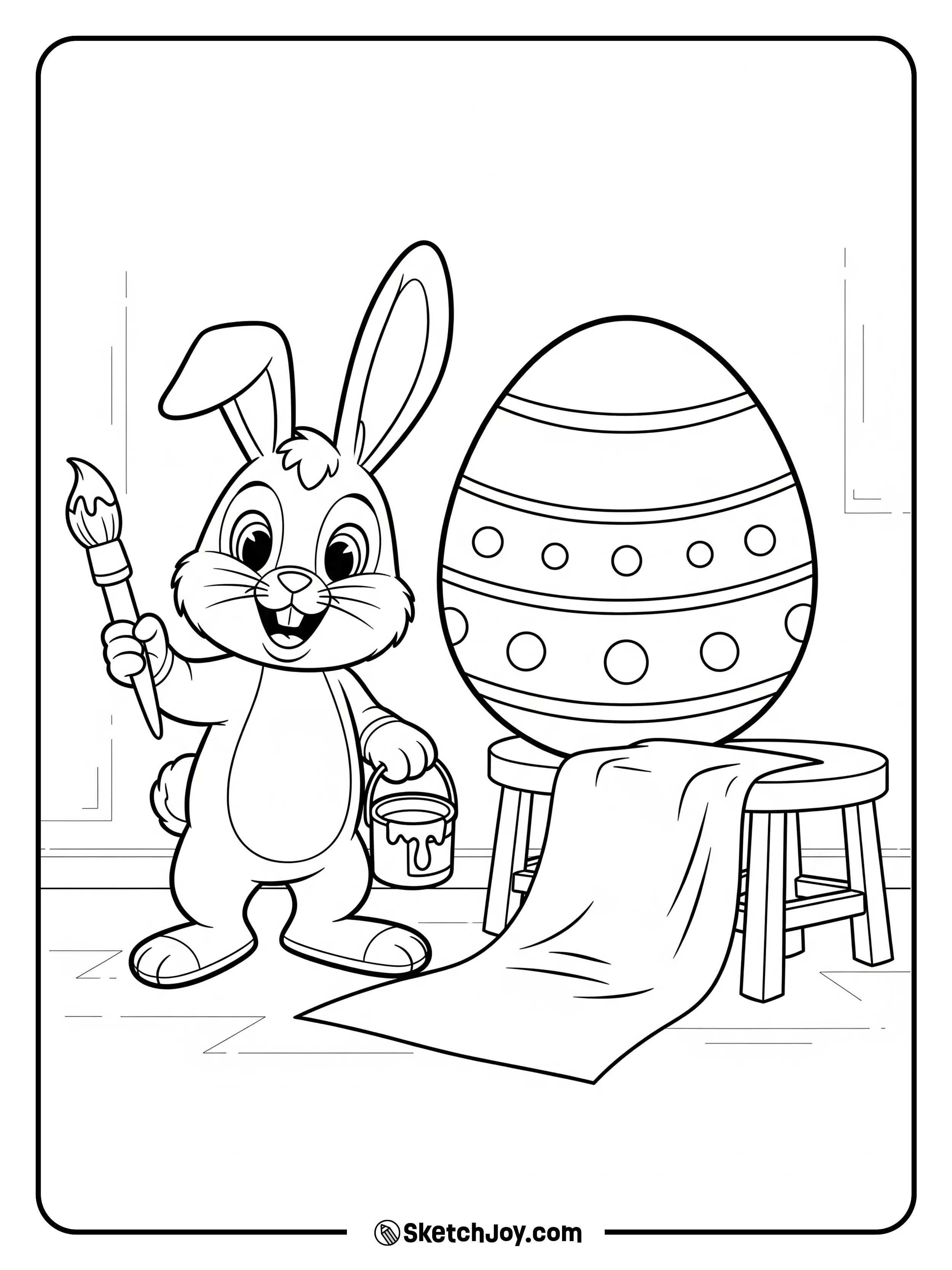 A bunny paints zigzags on a tall egg.
