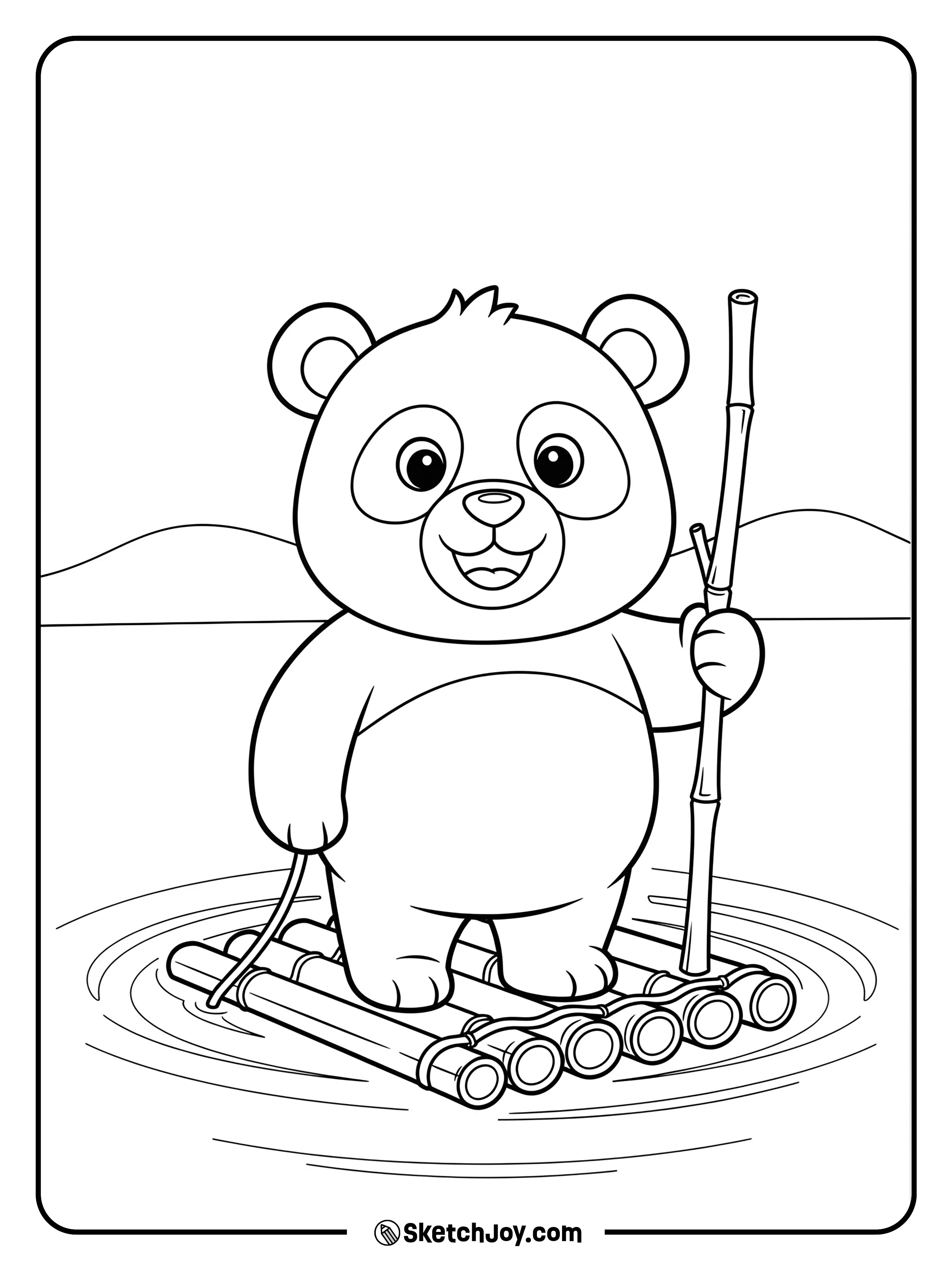 A panda rides a small bamboo raft and waves.