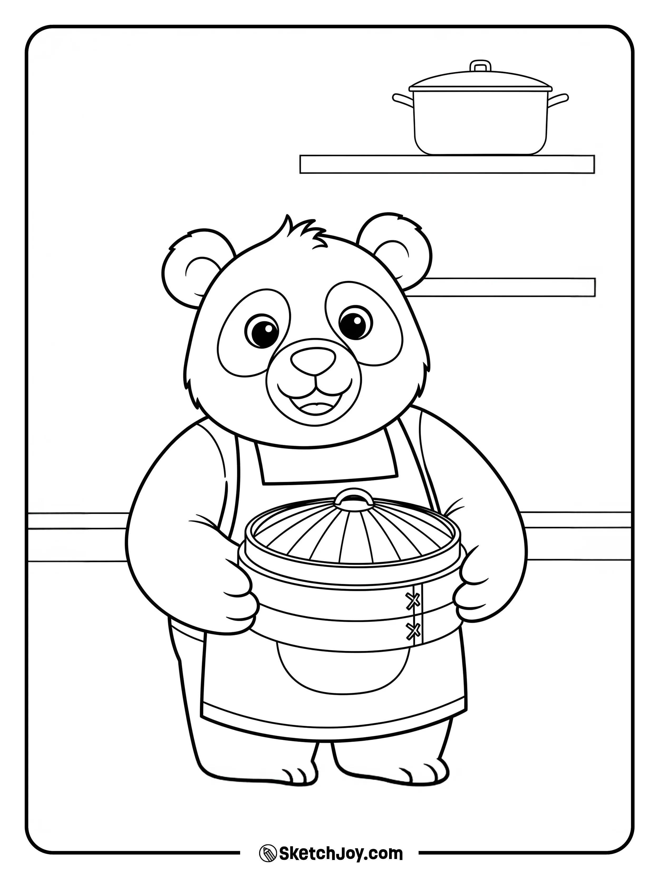 A panda proudly holds a steamer basket.