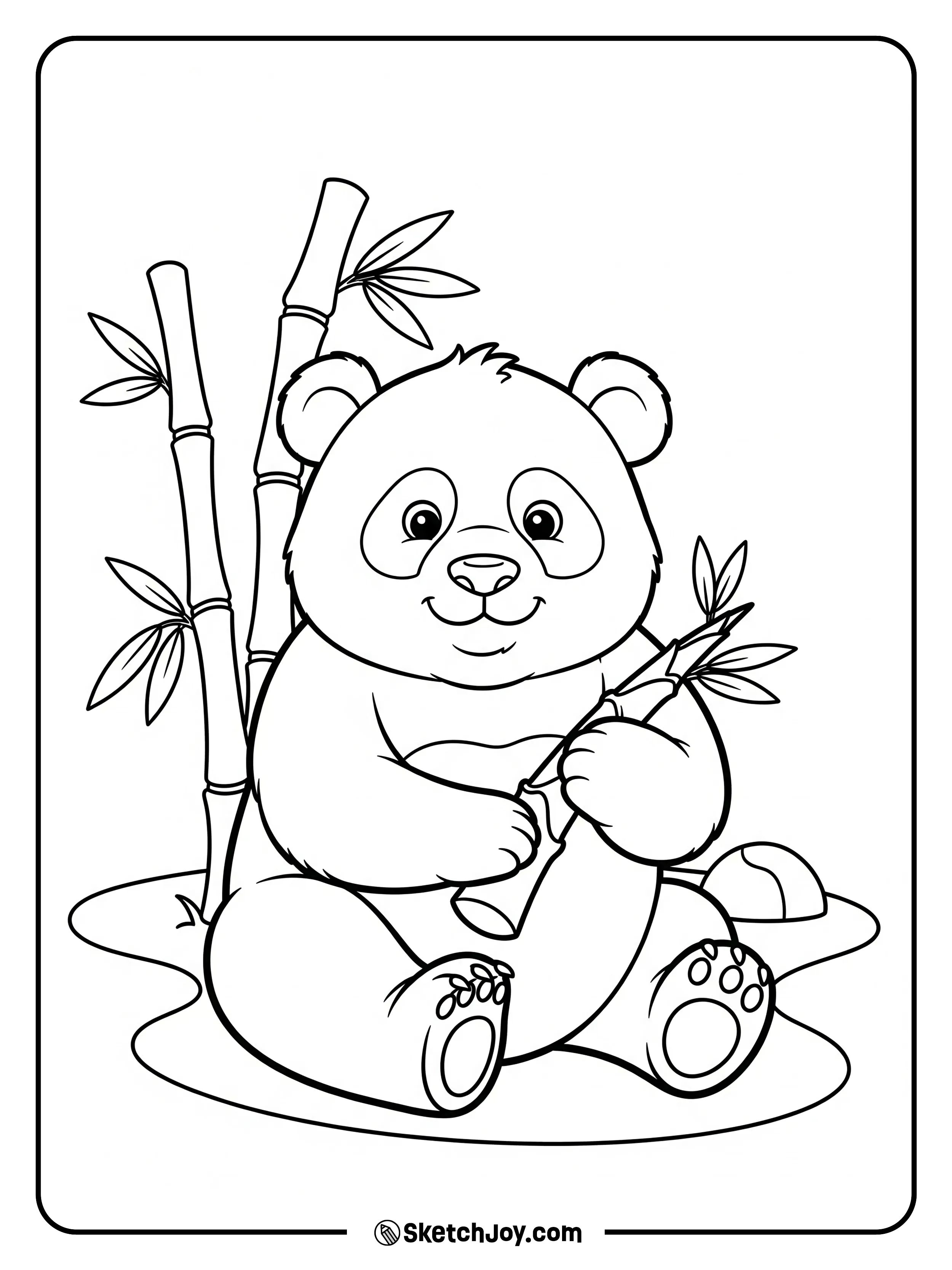 A calm panda sits and munches on a bamboo shoot.
