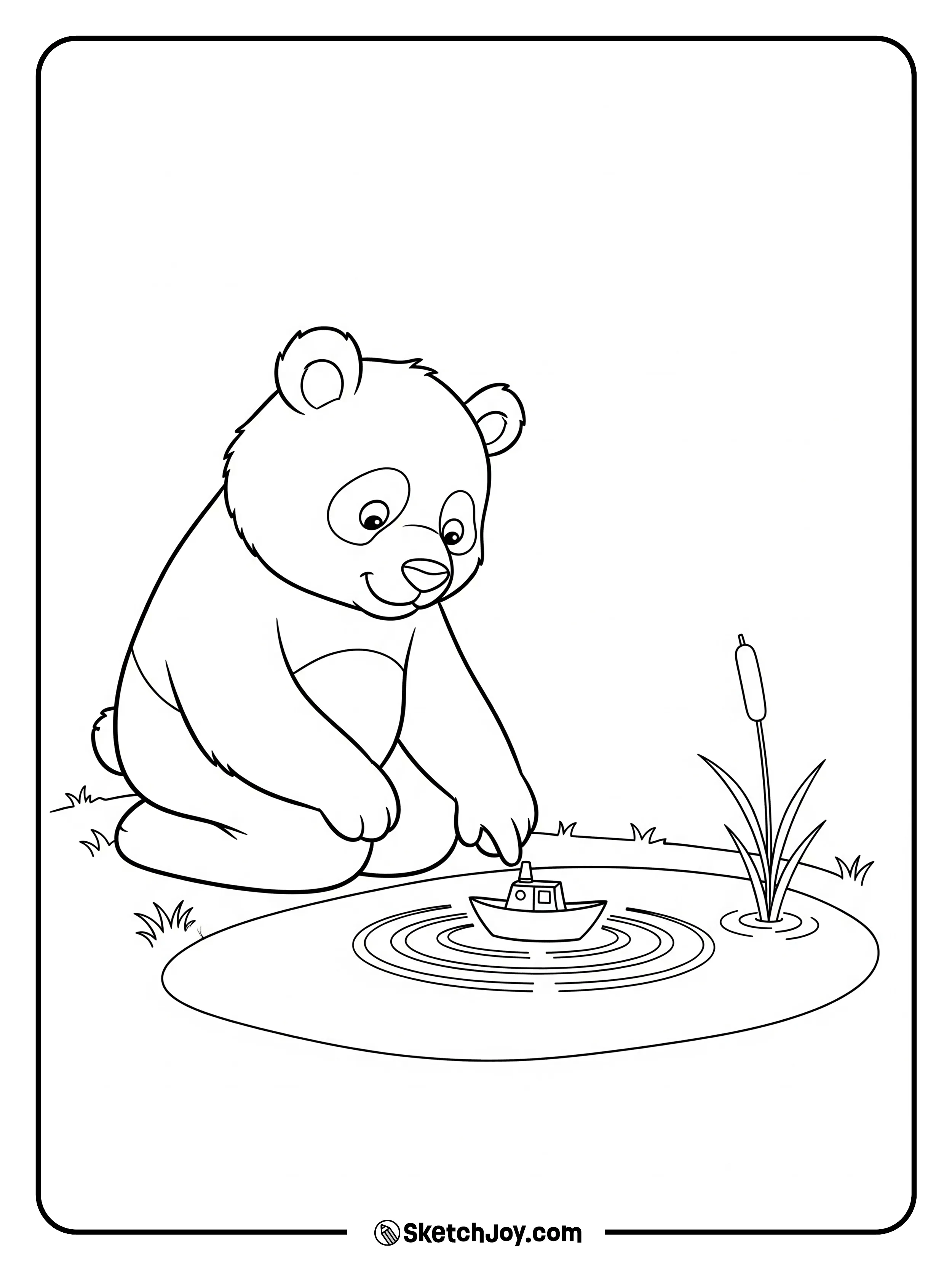 A panda plays with a toy boat at a pond.