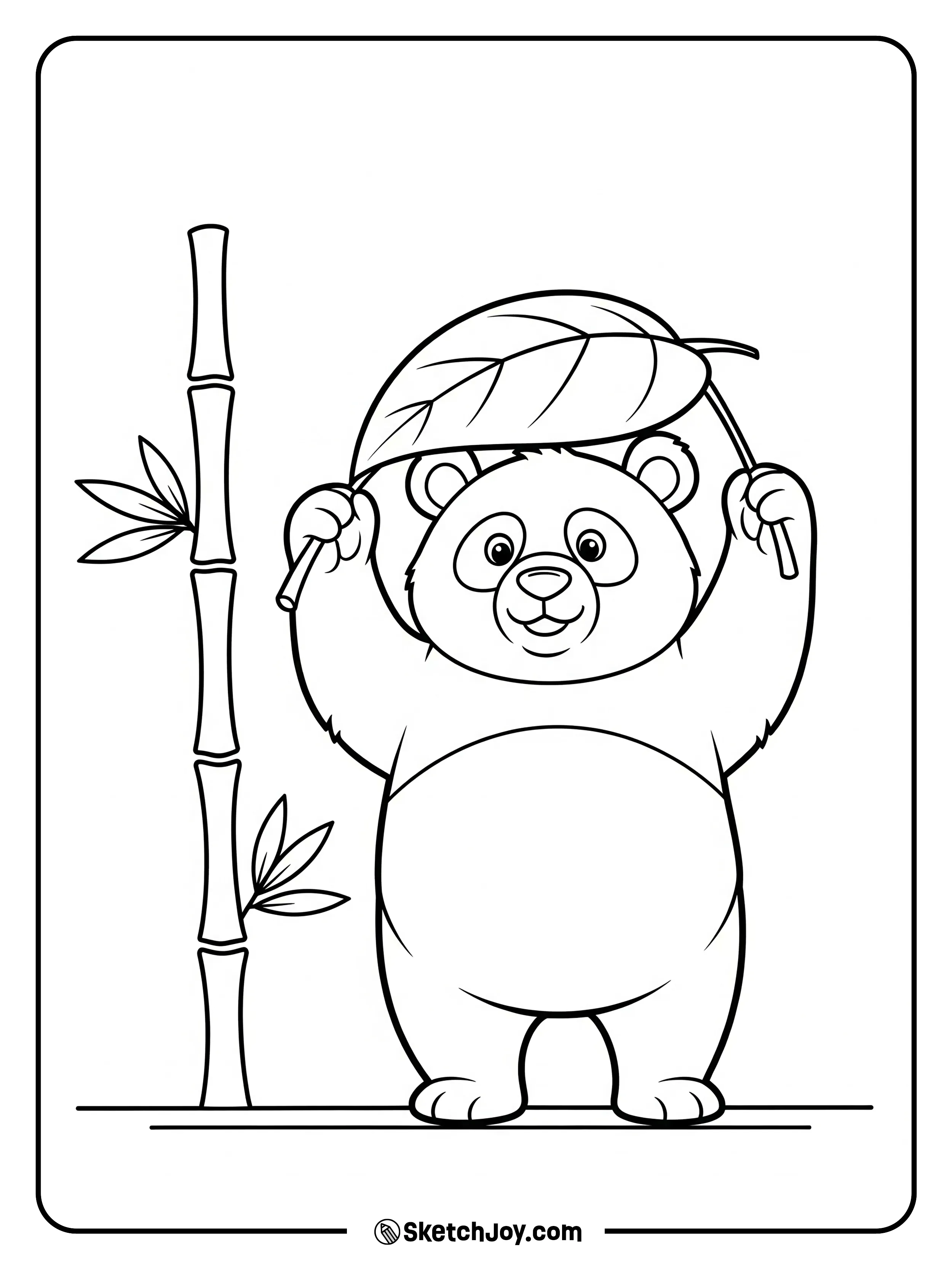 A panda shields itself with a giant leaf.