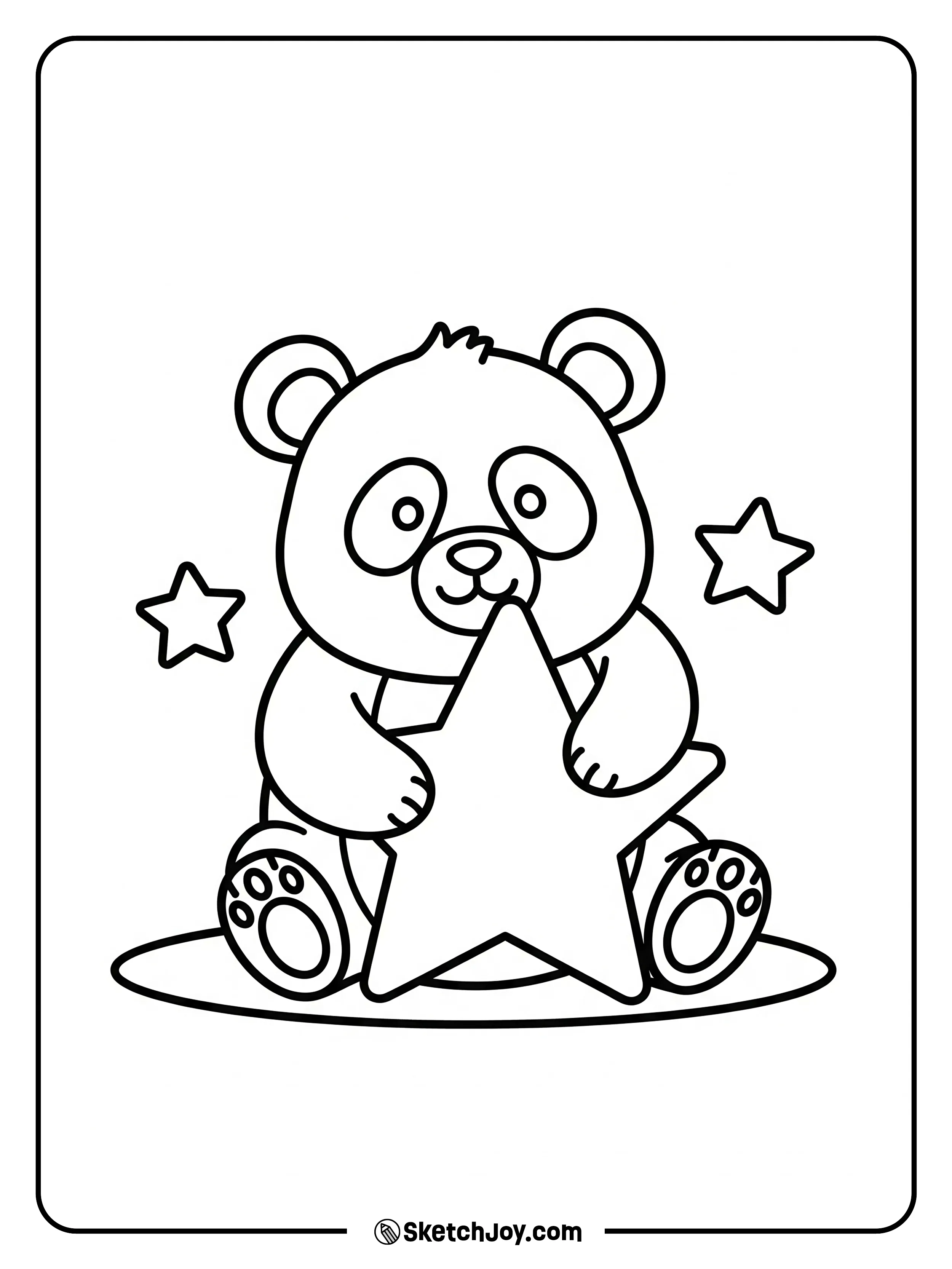 A cheerful panda hugs a five-point star.