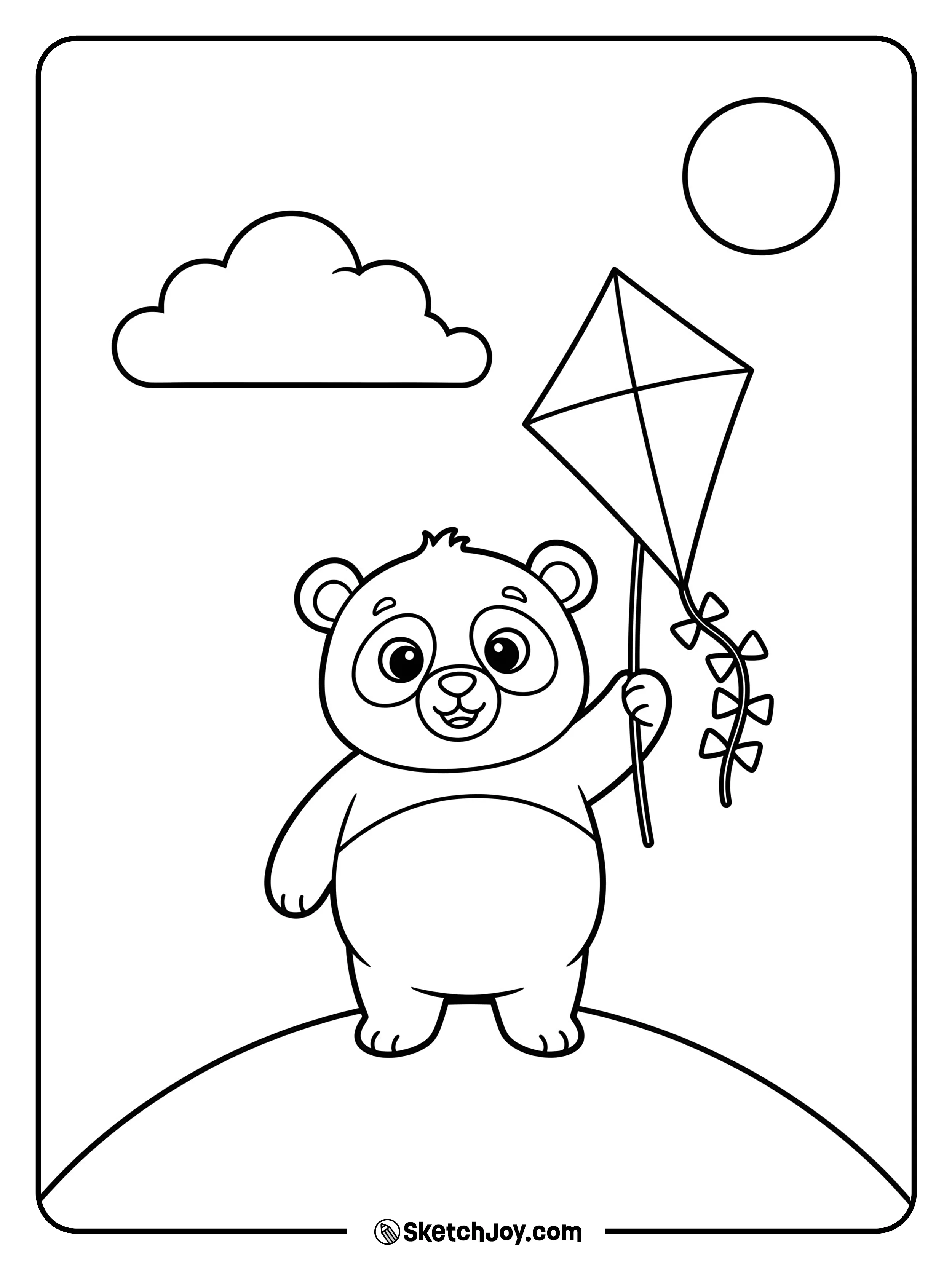 A cheerful panda holds a kite string on a soft hill.
