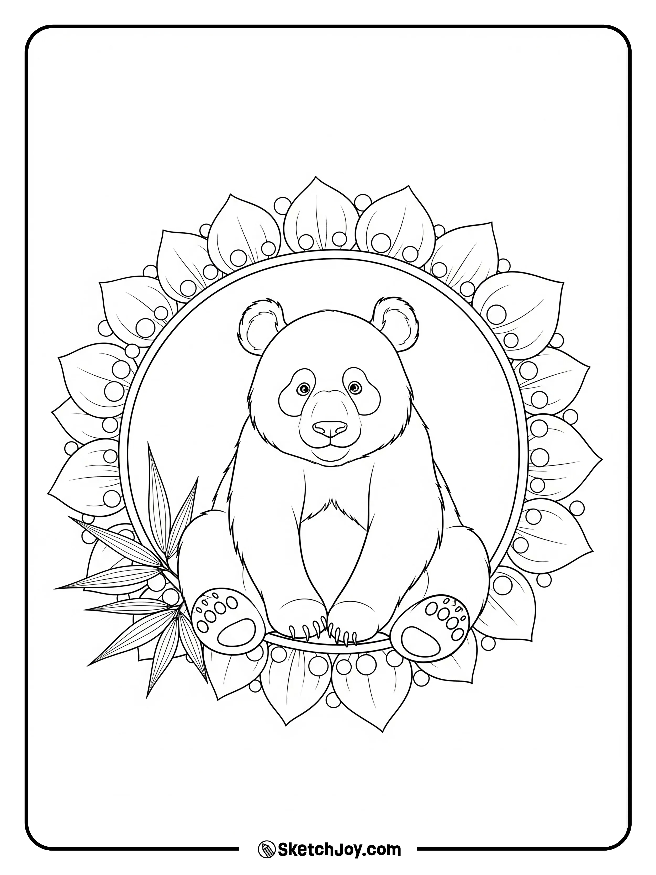 A calm panda sits inside a ring of simple shapes.