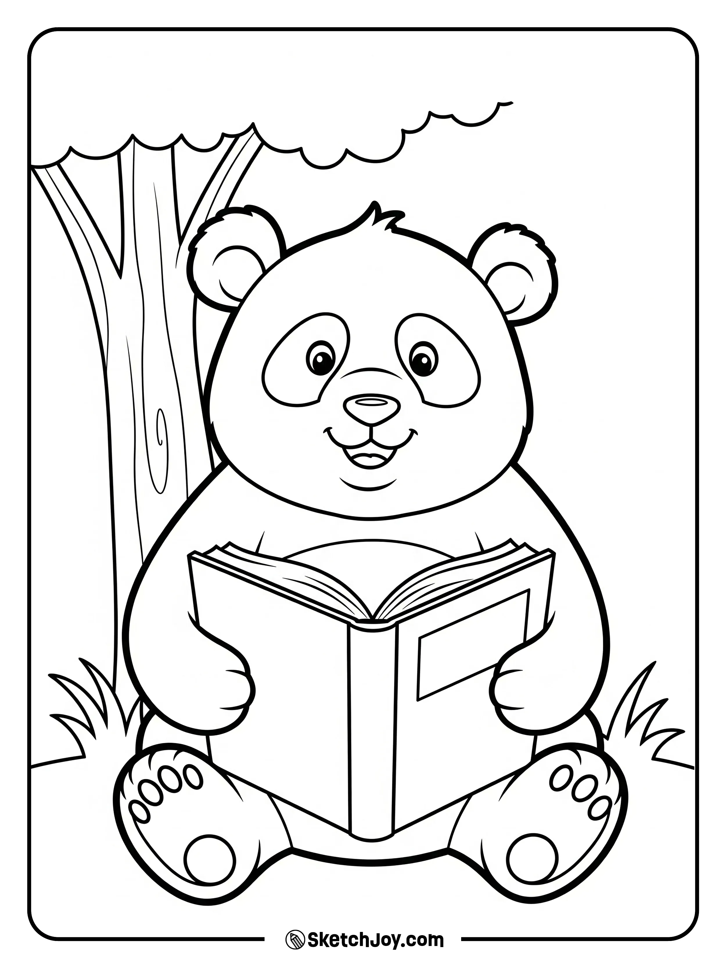 A cute panda reads while sitting on grass.