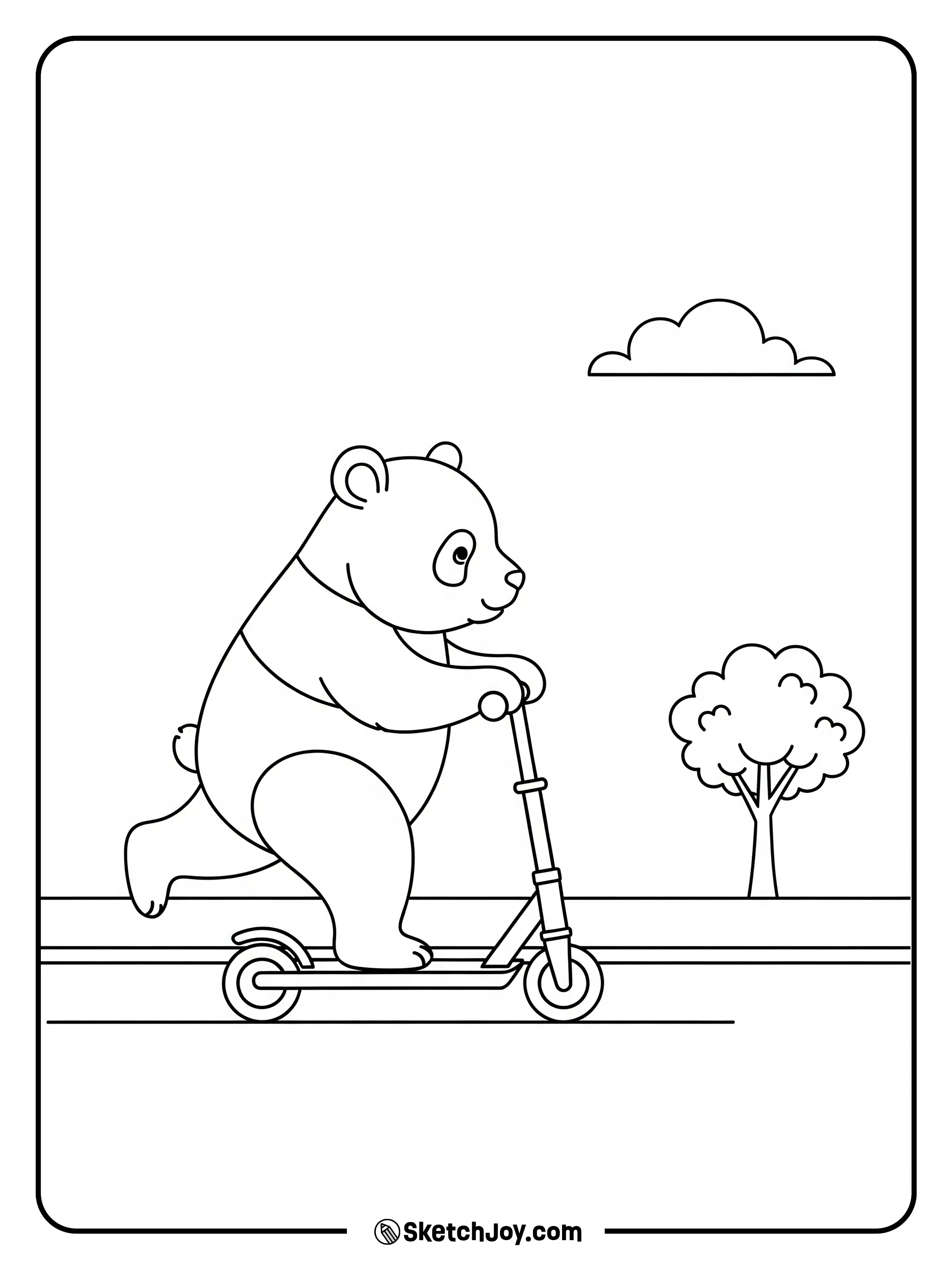 A playful panda rides a small scooter.