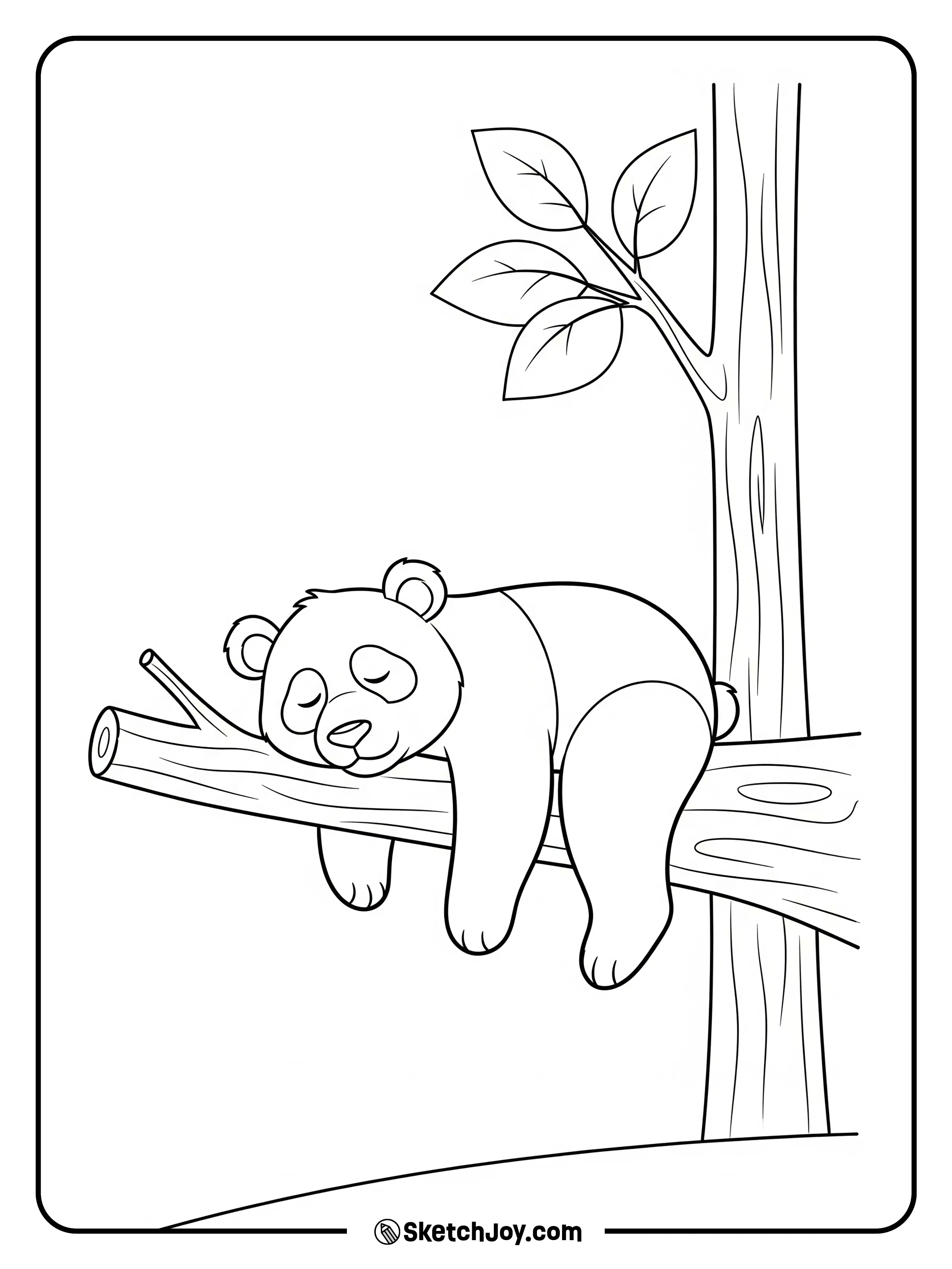 A sleepy panda rests on a low branch.