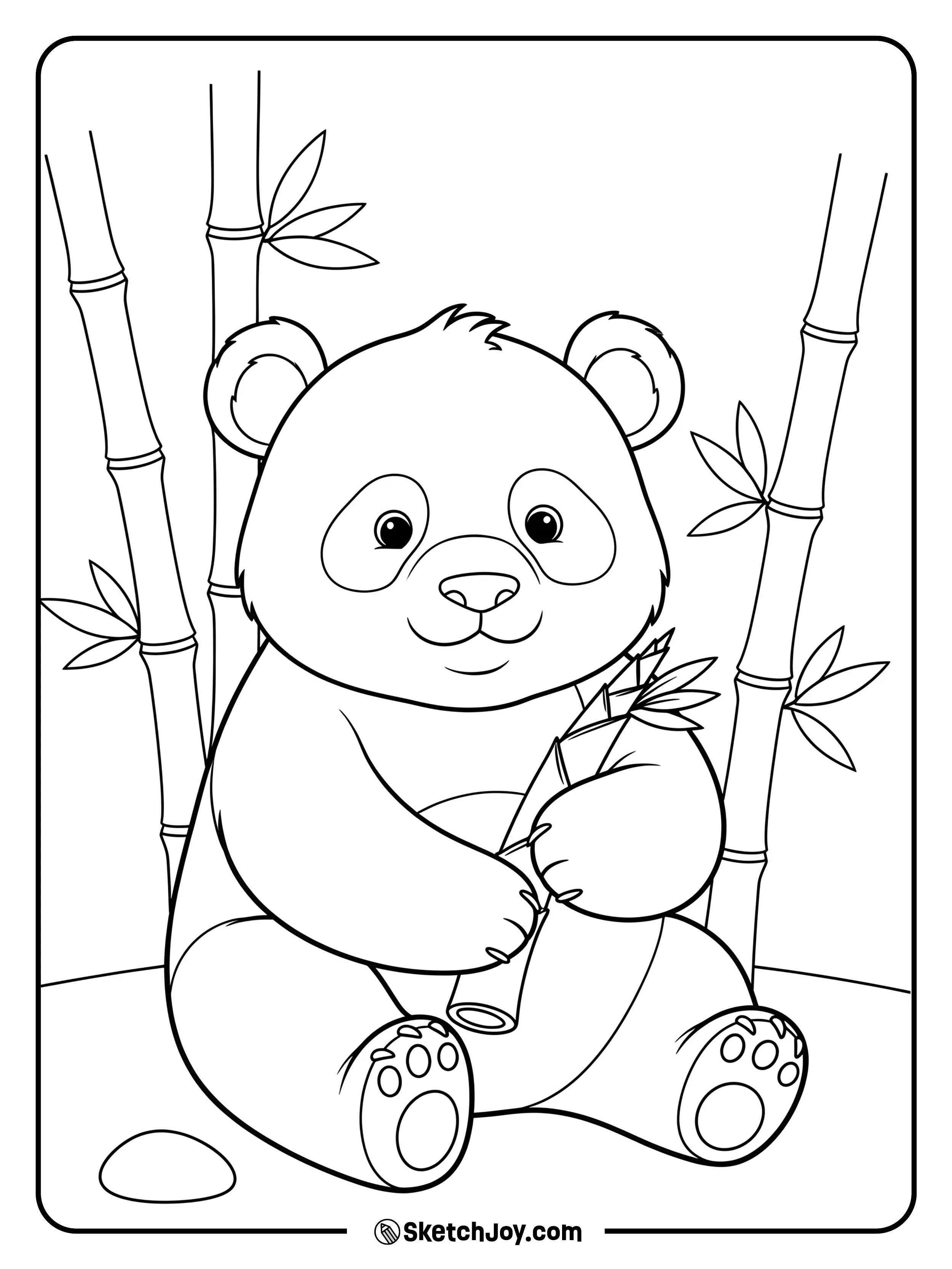 A calm panda sits and munches a fresh bamboo shoot.