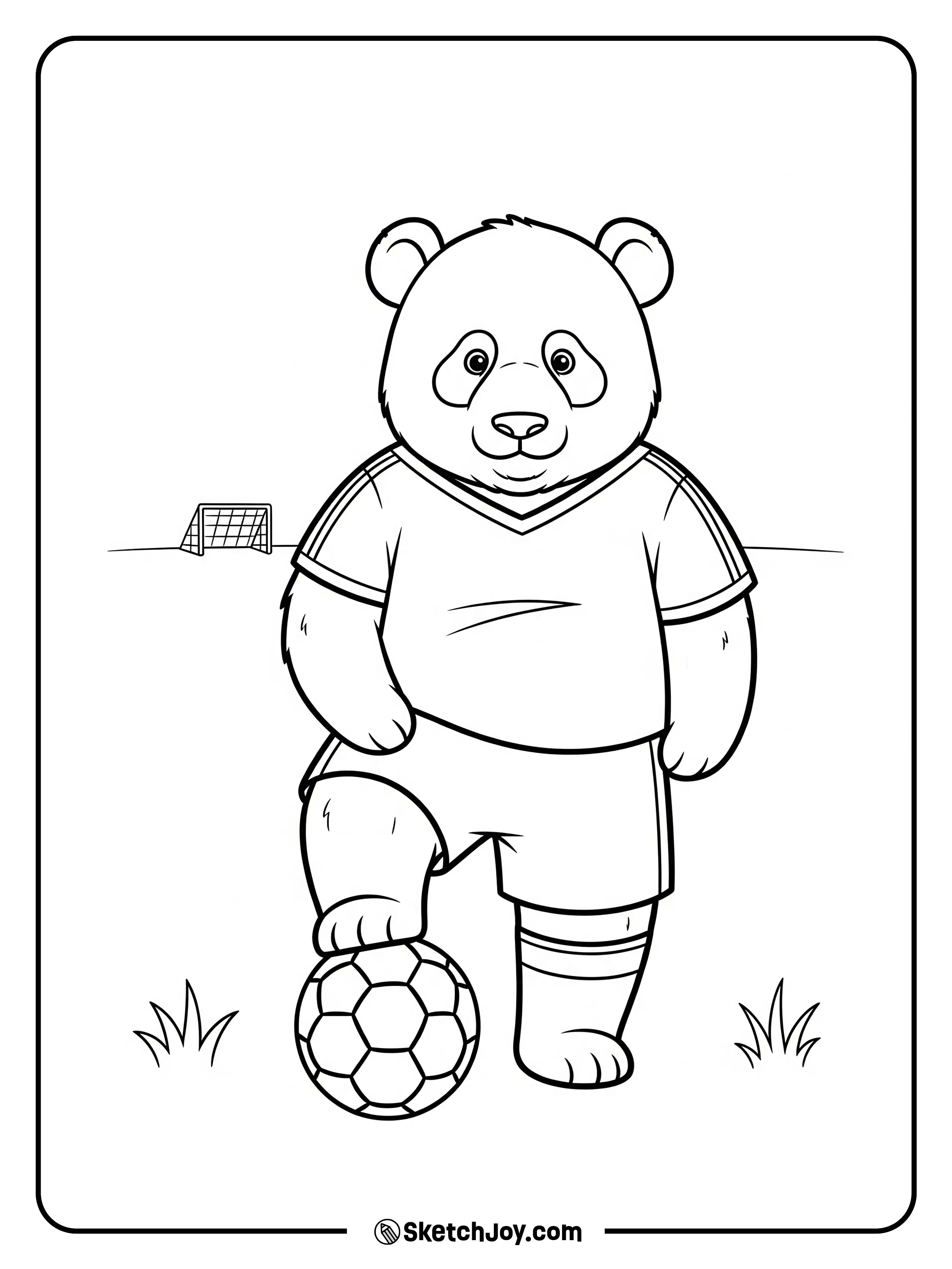 A sporty panda taps a ball on the grass.