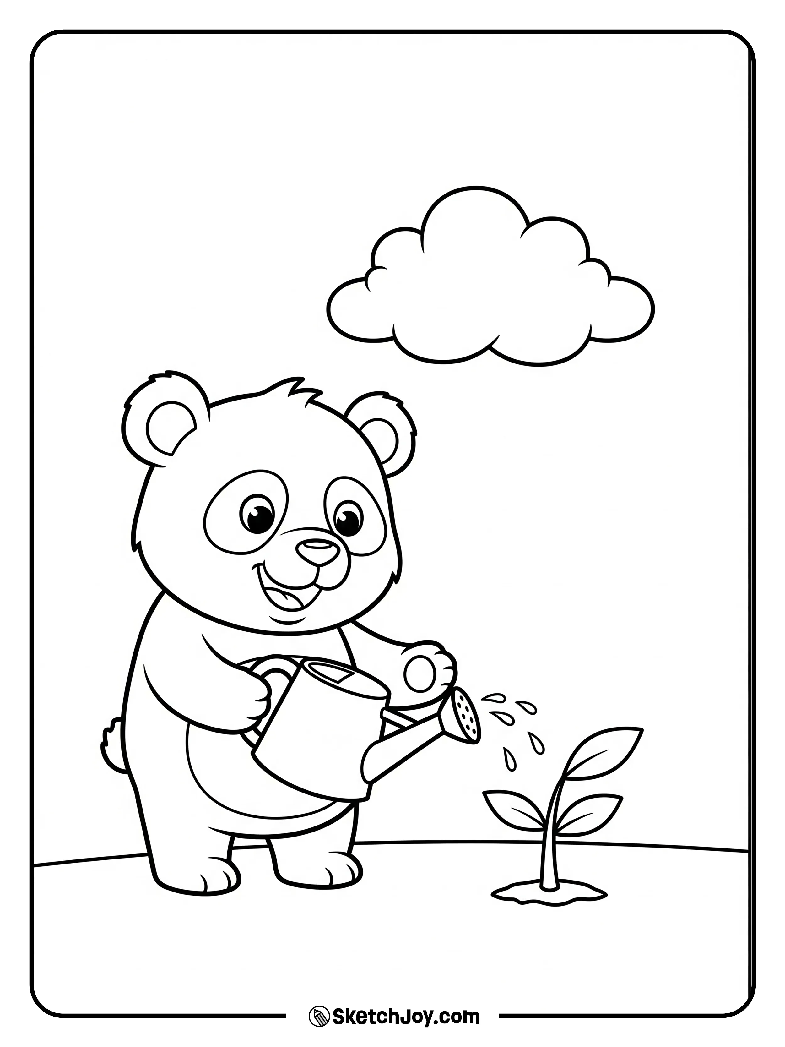 A helpful panda waters a young bamboo plant.