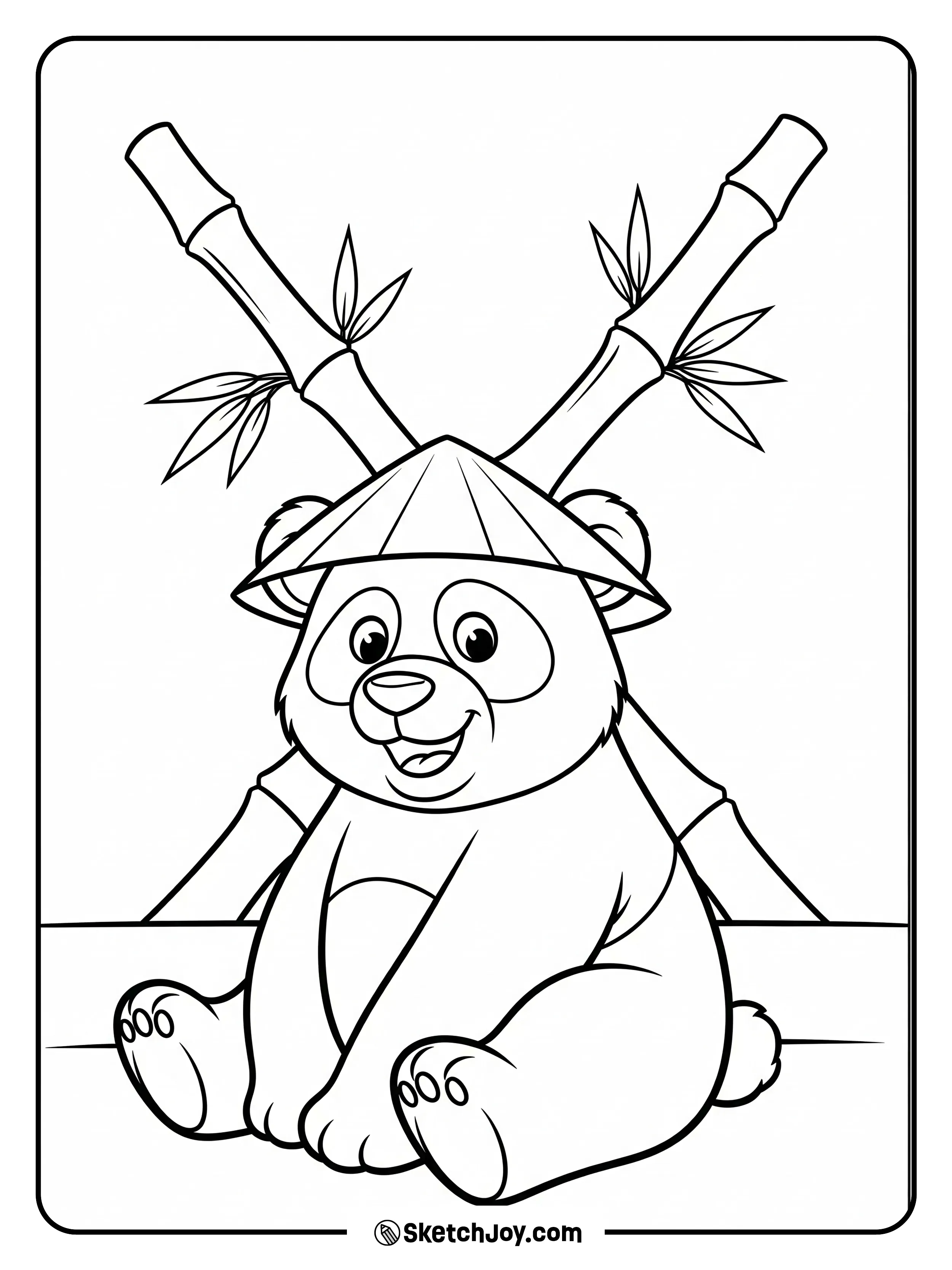 A panda tips a round straw hat.