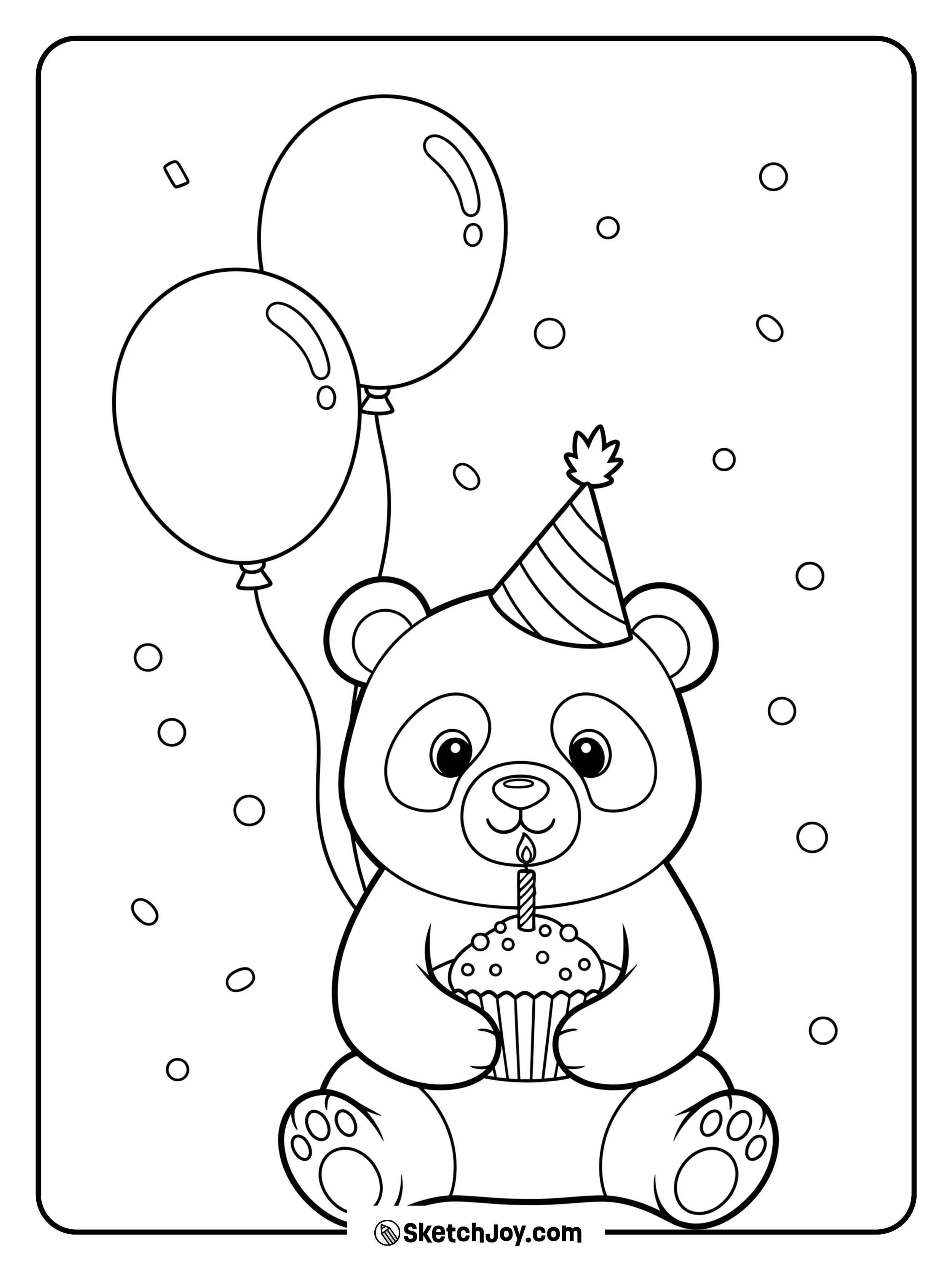 A happy panda holds a cupcake with one candle.