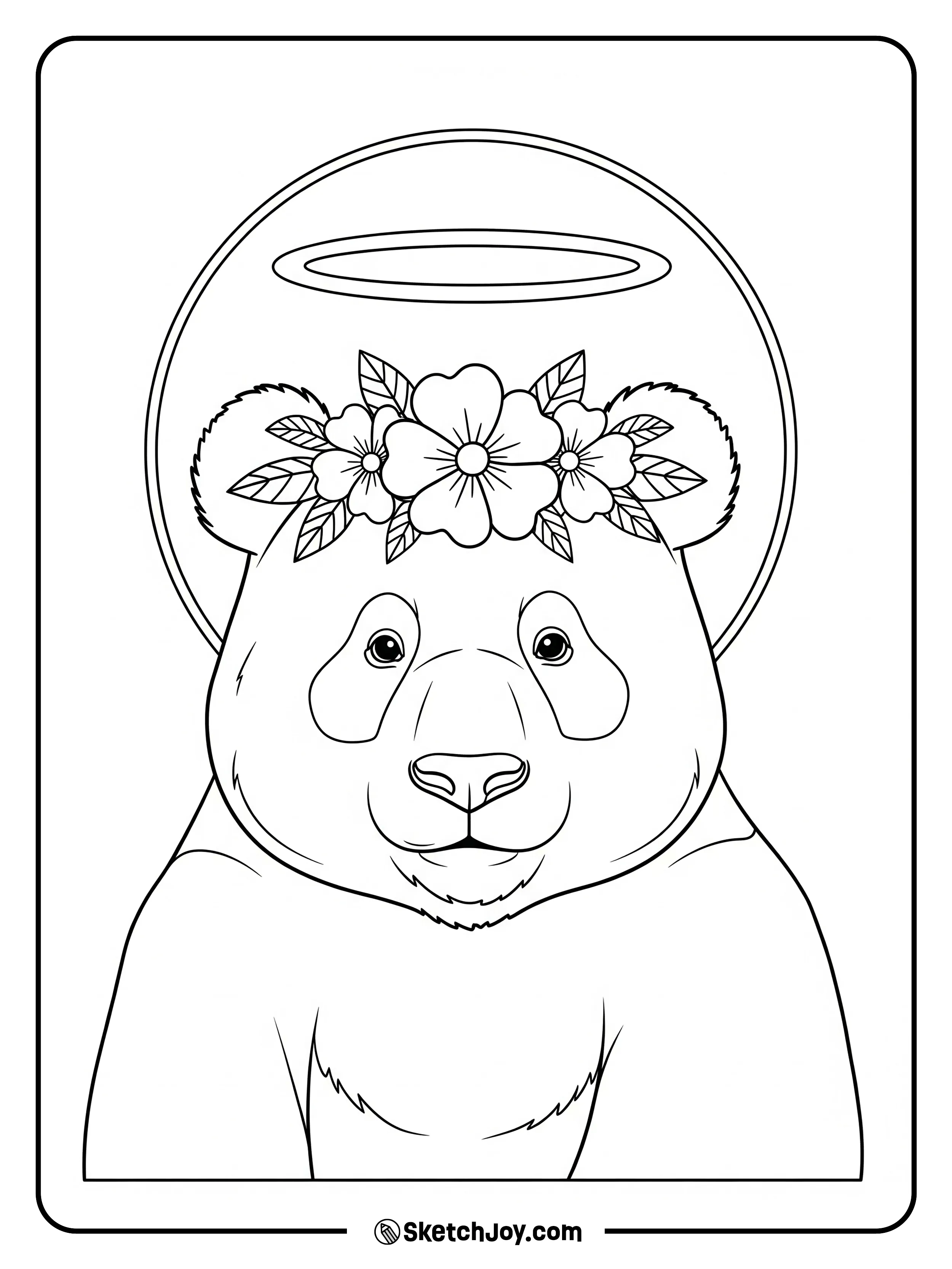 A cheerful panda wears a small flower crown.
