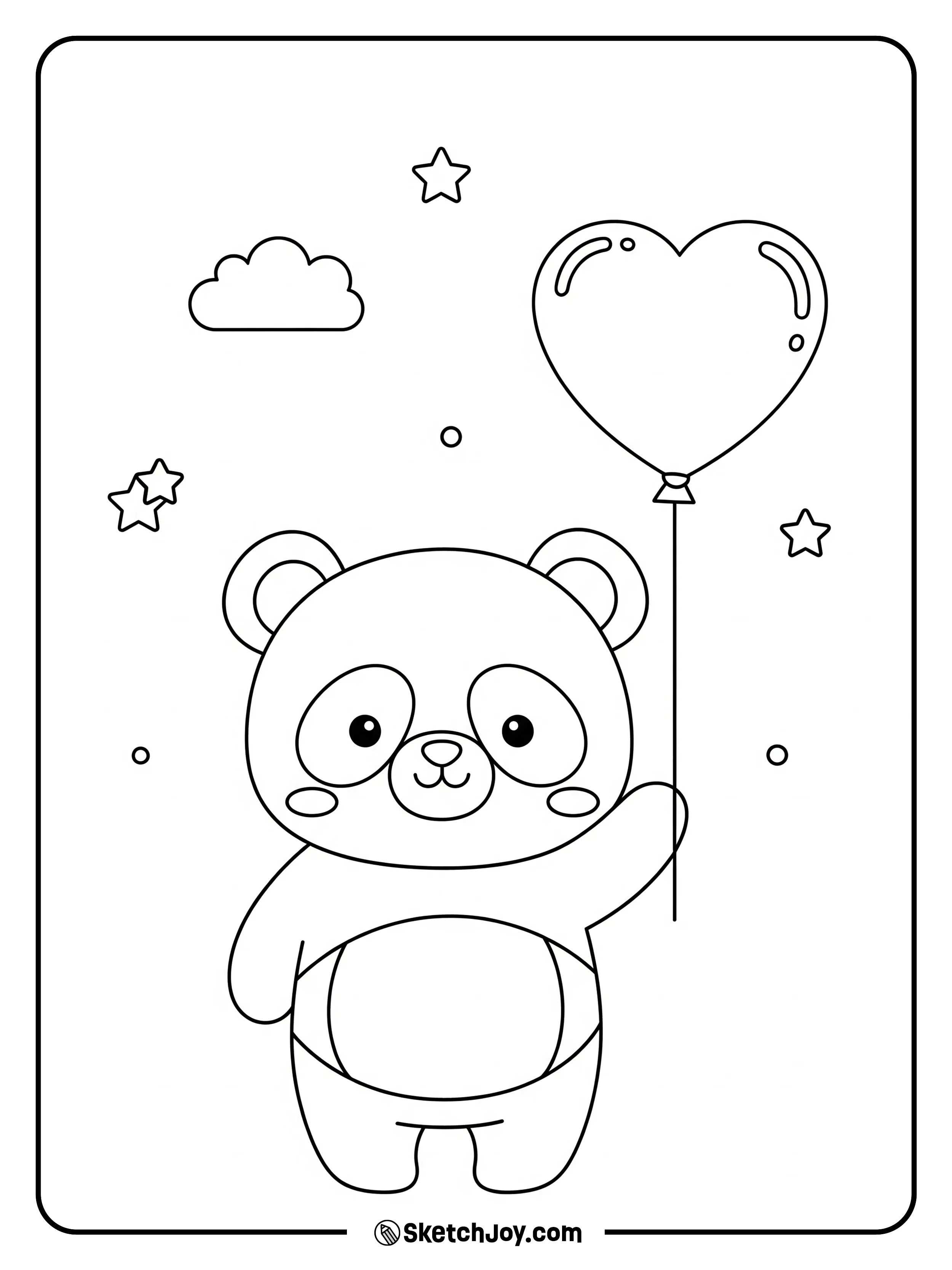 A sweet panda holds a heart balloon on a string.