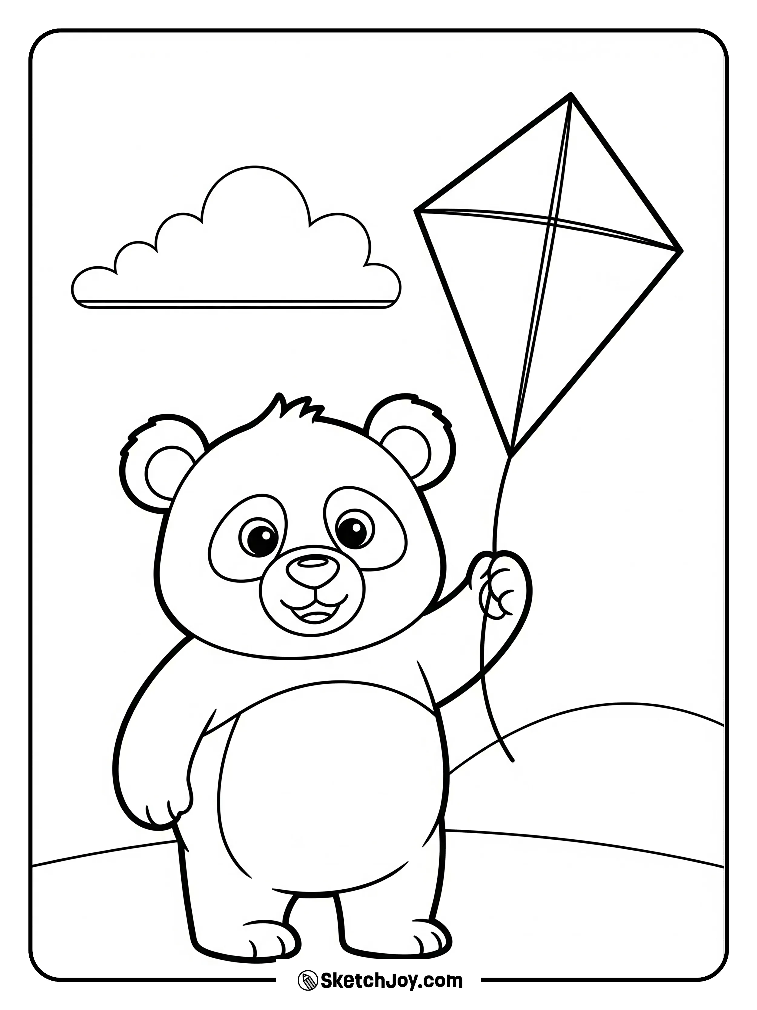 A breezy day as a panda holds a kite string.
