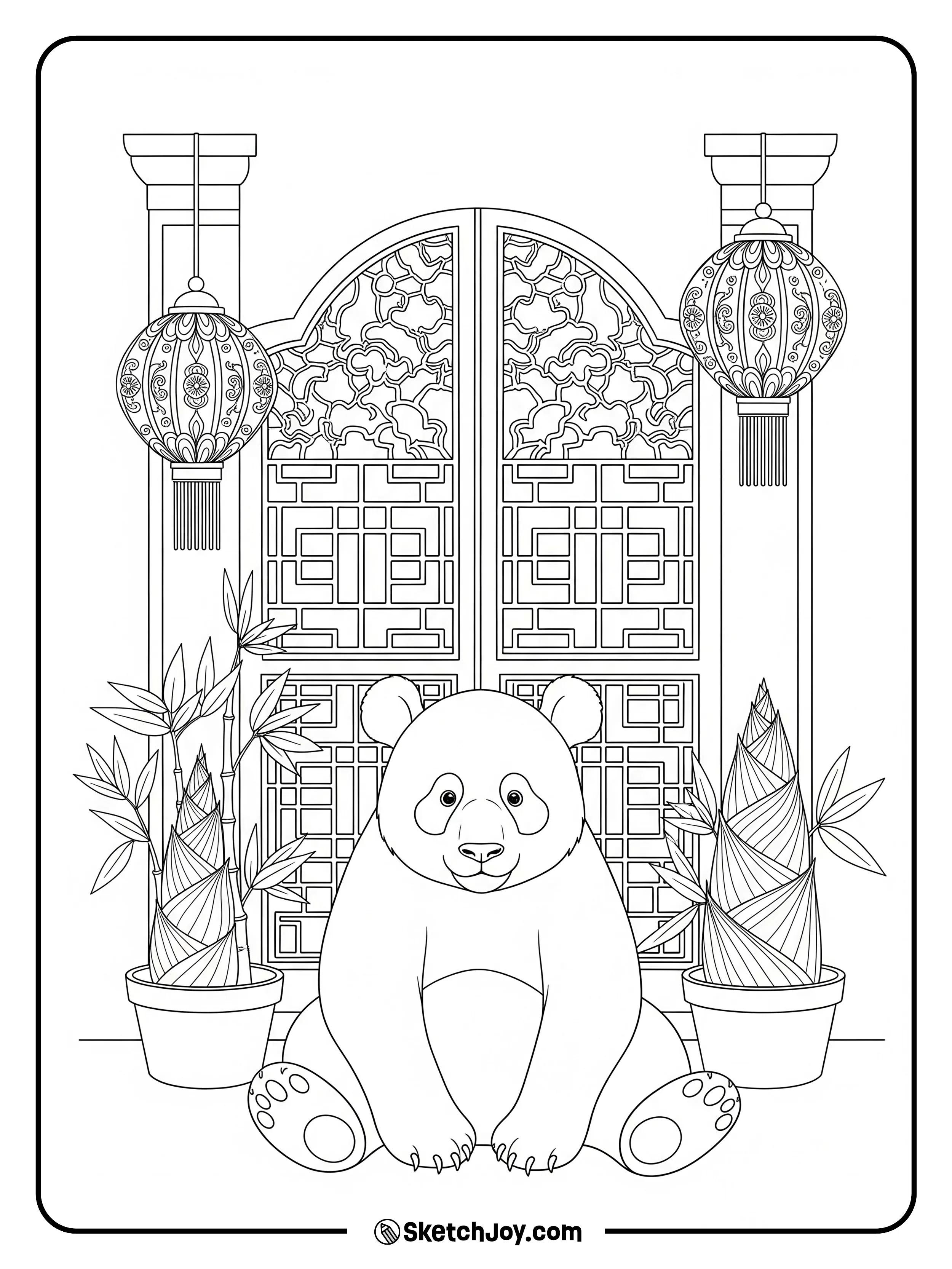 A panda sits by a simple gate with lanterns.