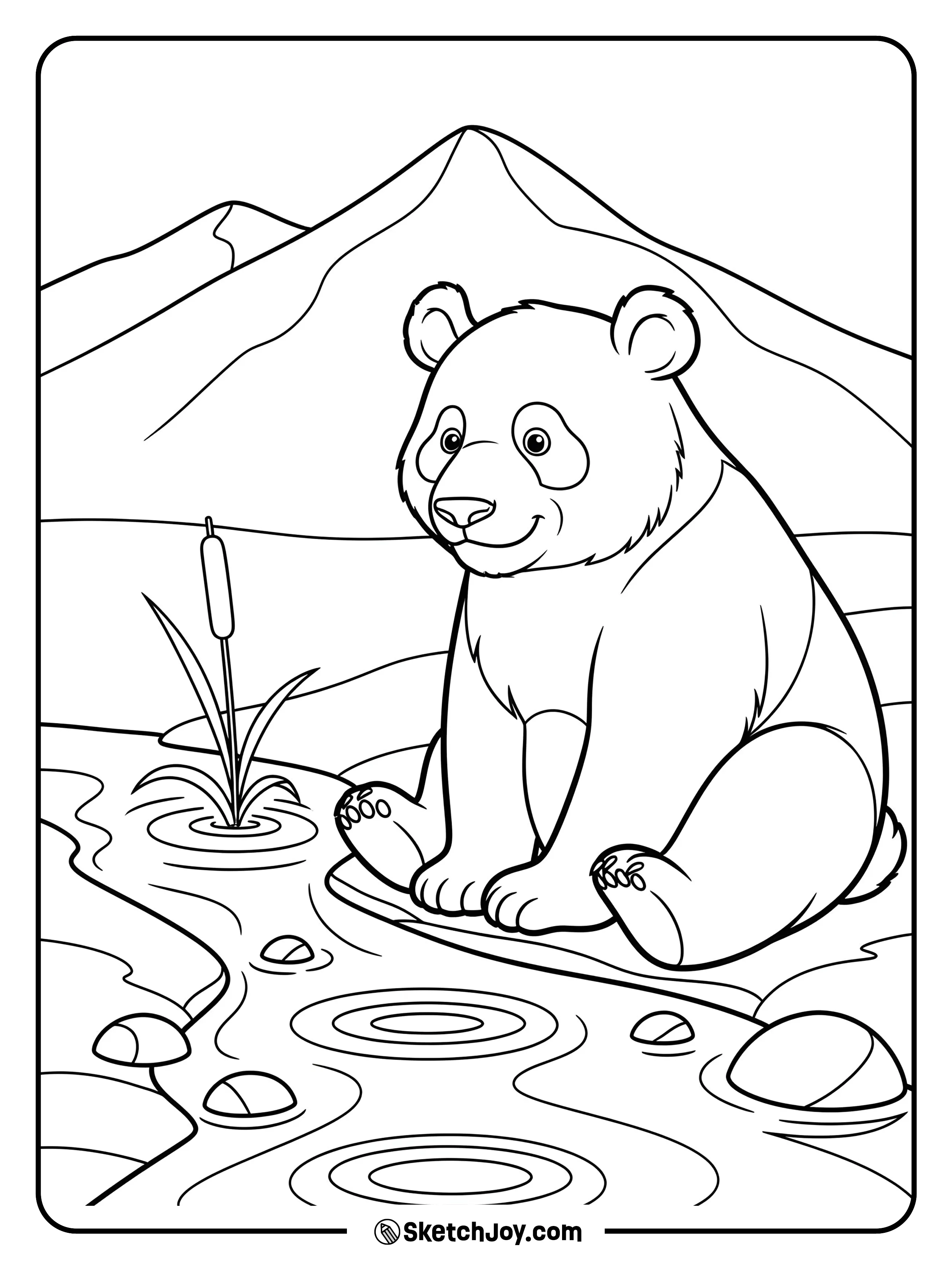 A calm panda sits by water with gentle ripples.