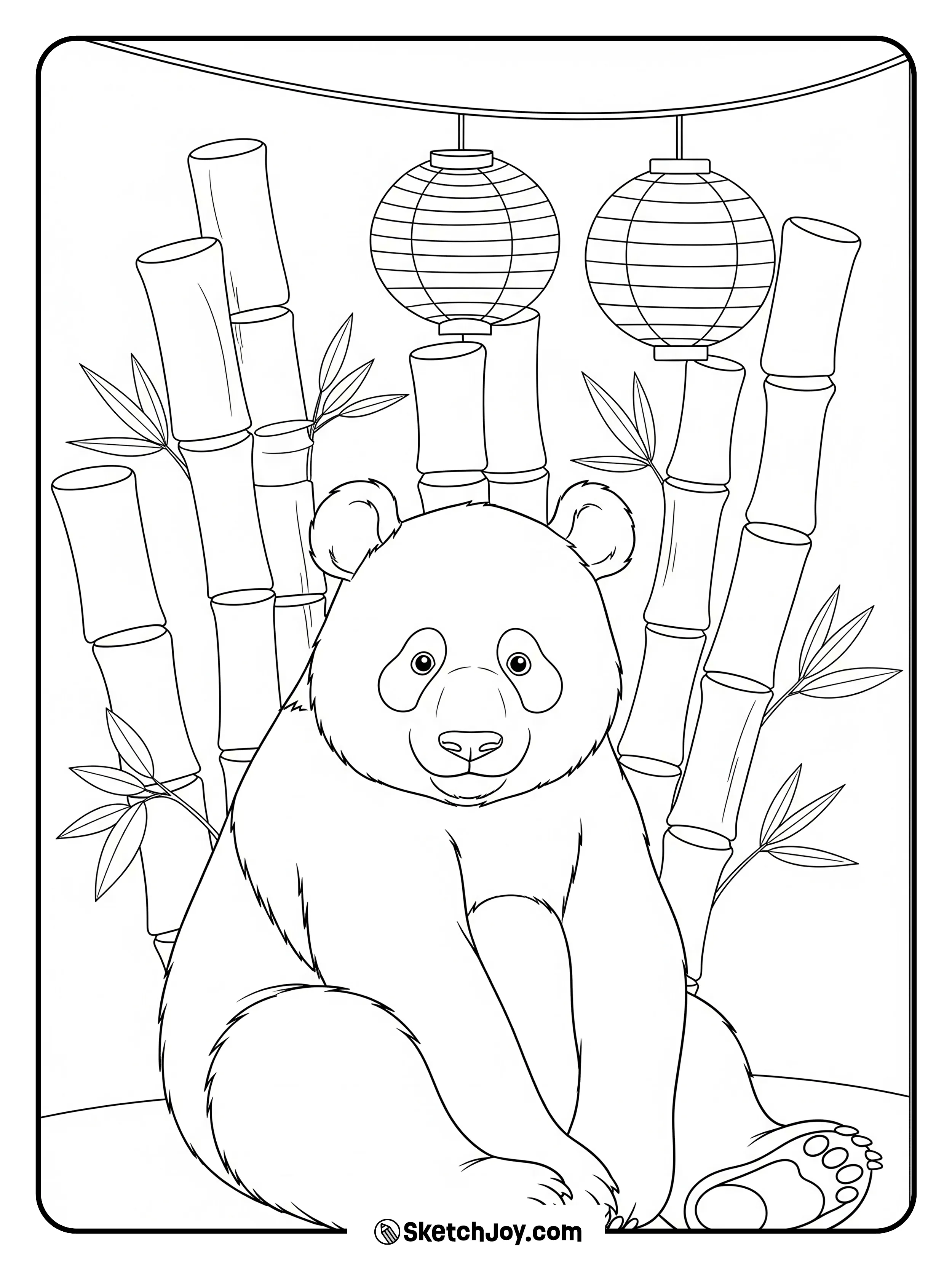 A panda sits under two hanging lanterns.