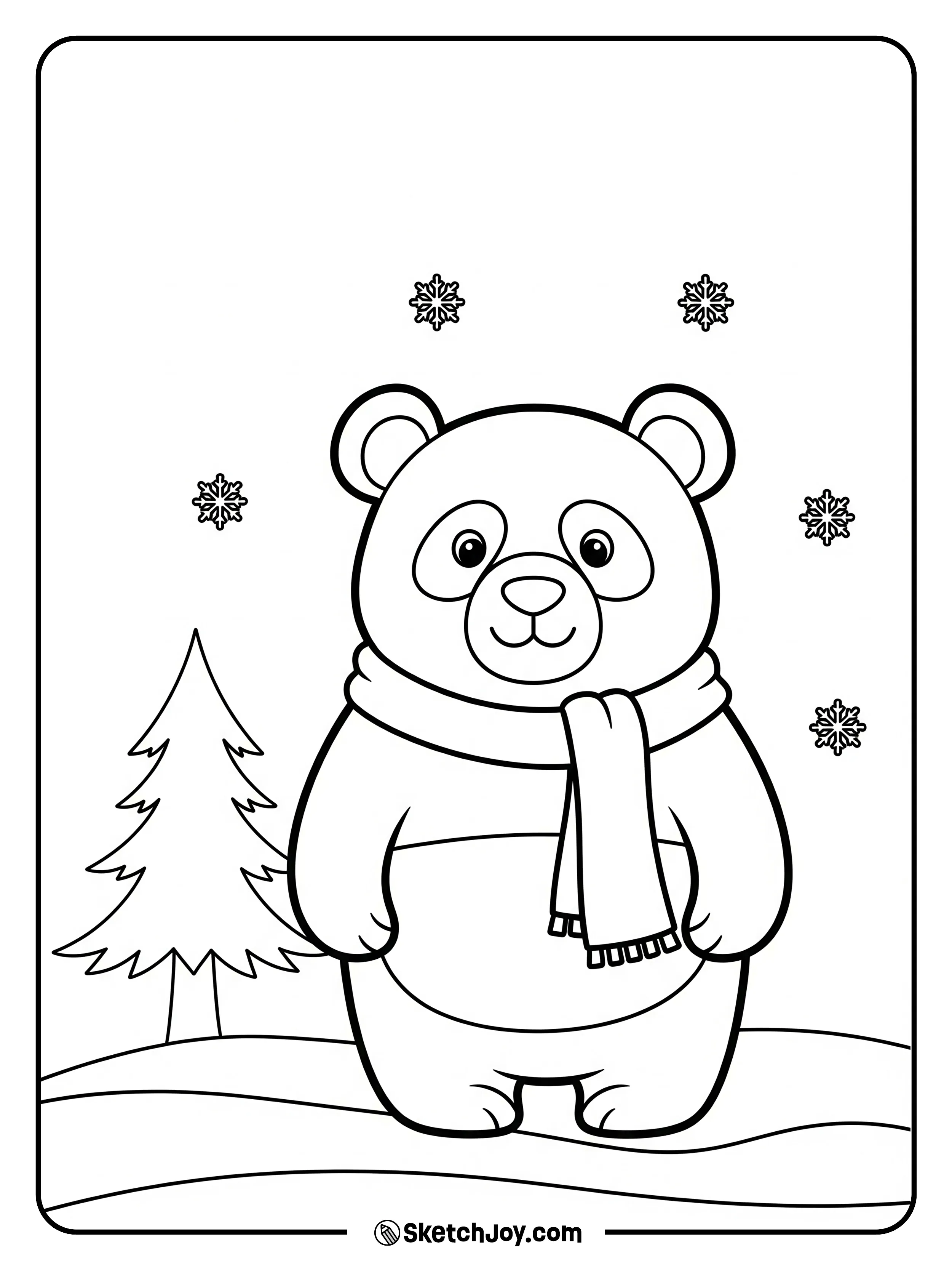 A panda walks in light snow with a scarf.