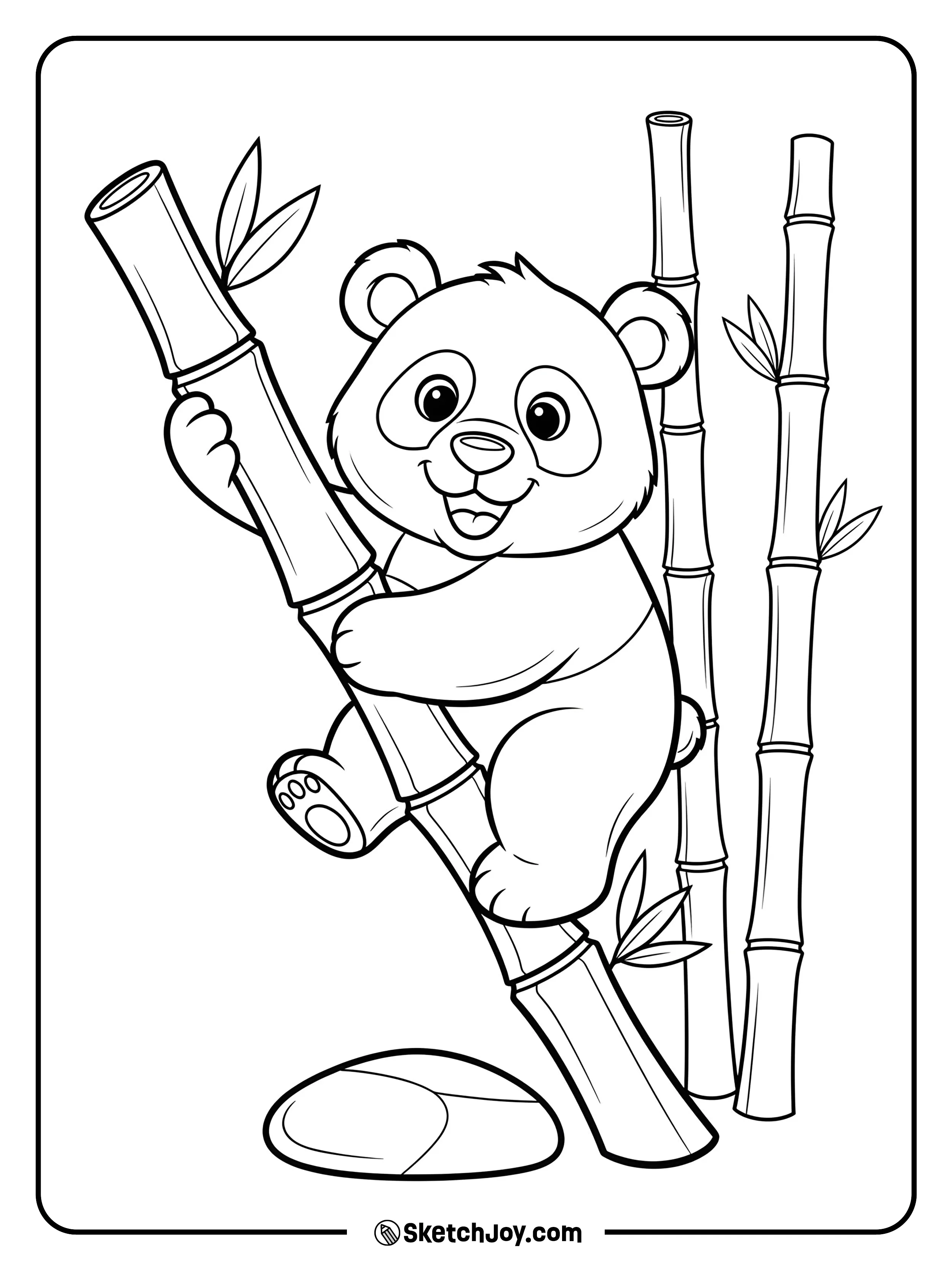 A playful panda climbs a leaning bamboo stalk.