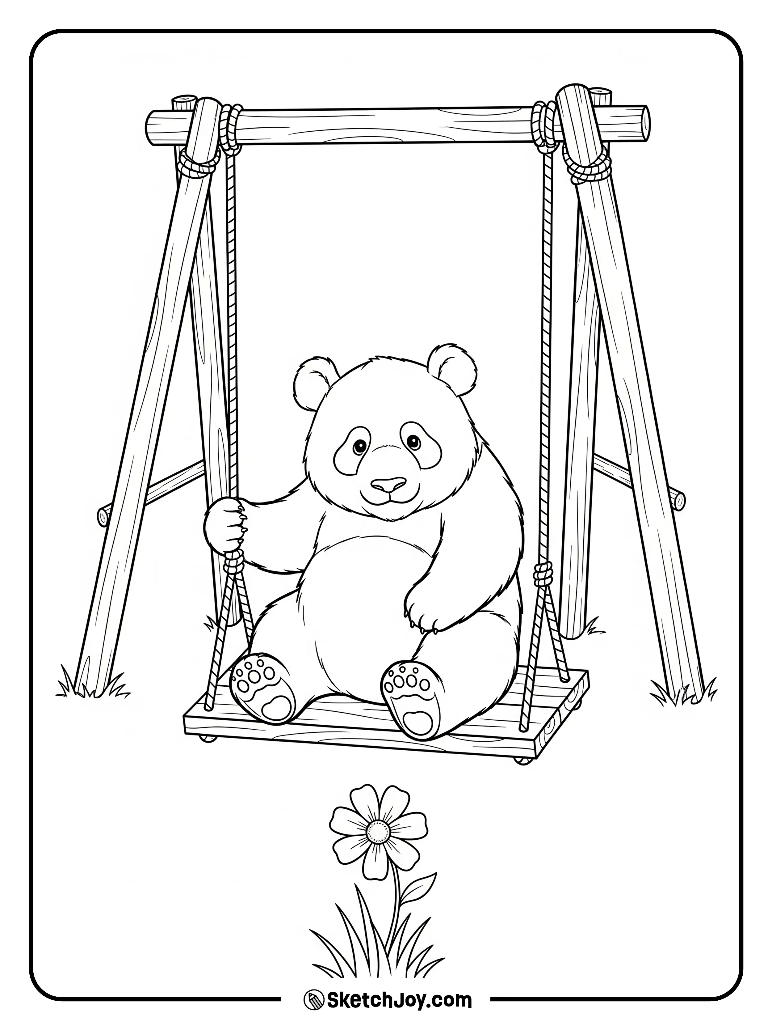 A happy panda swings from a simple frame.