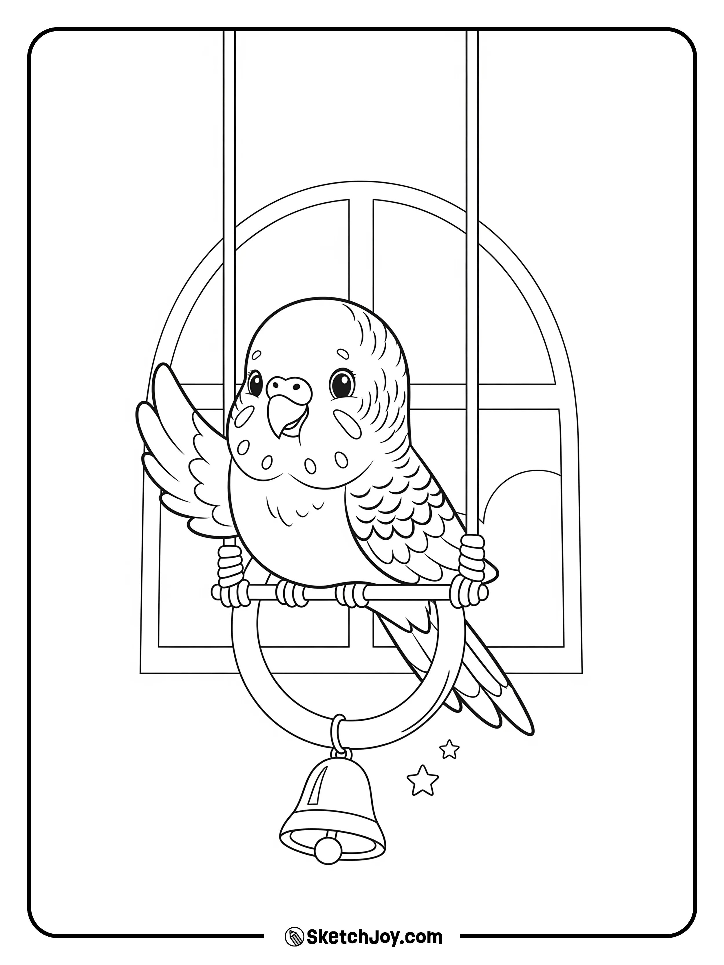 A playful parakeet sits on a tiny swing.