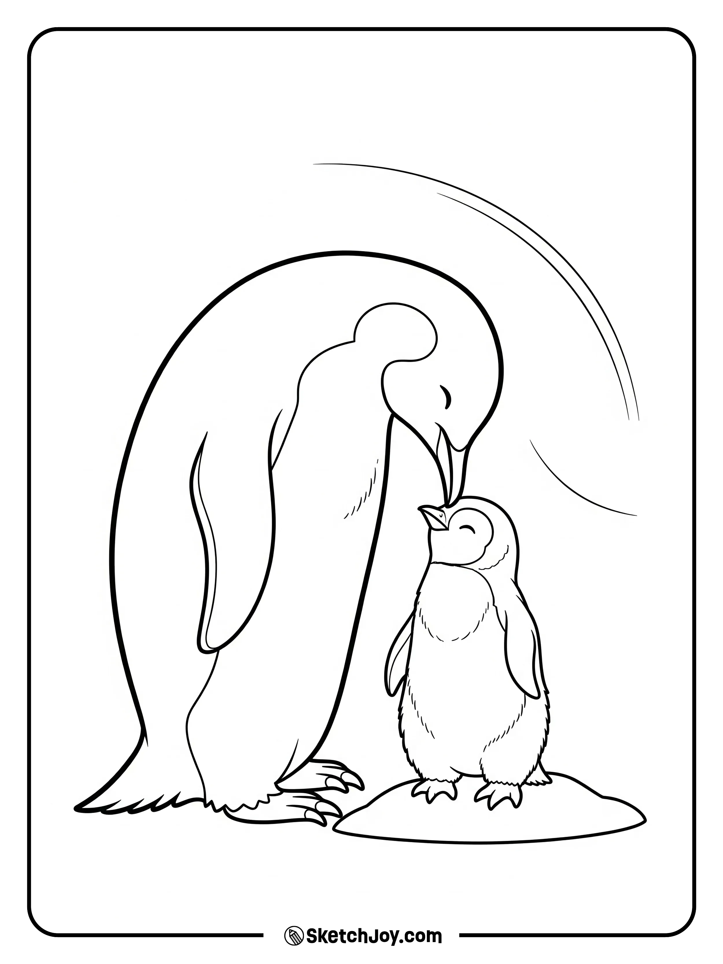 A tall penguin shelters its chick.