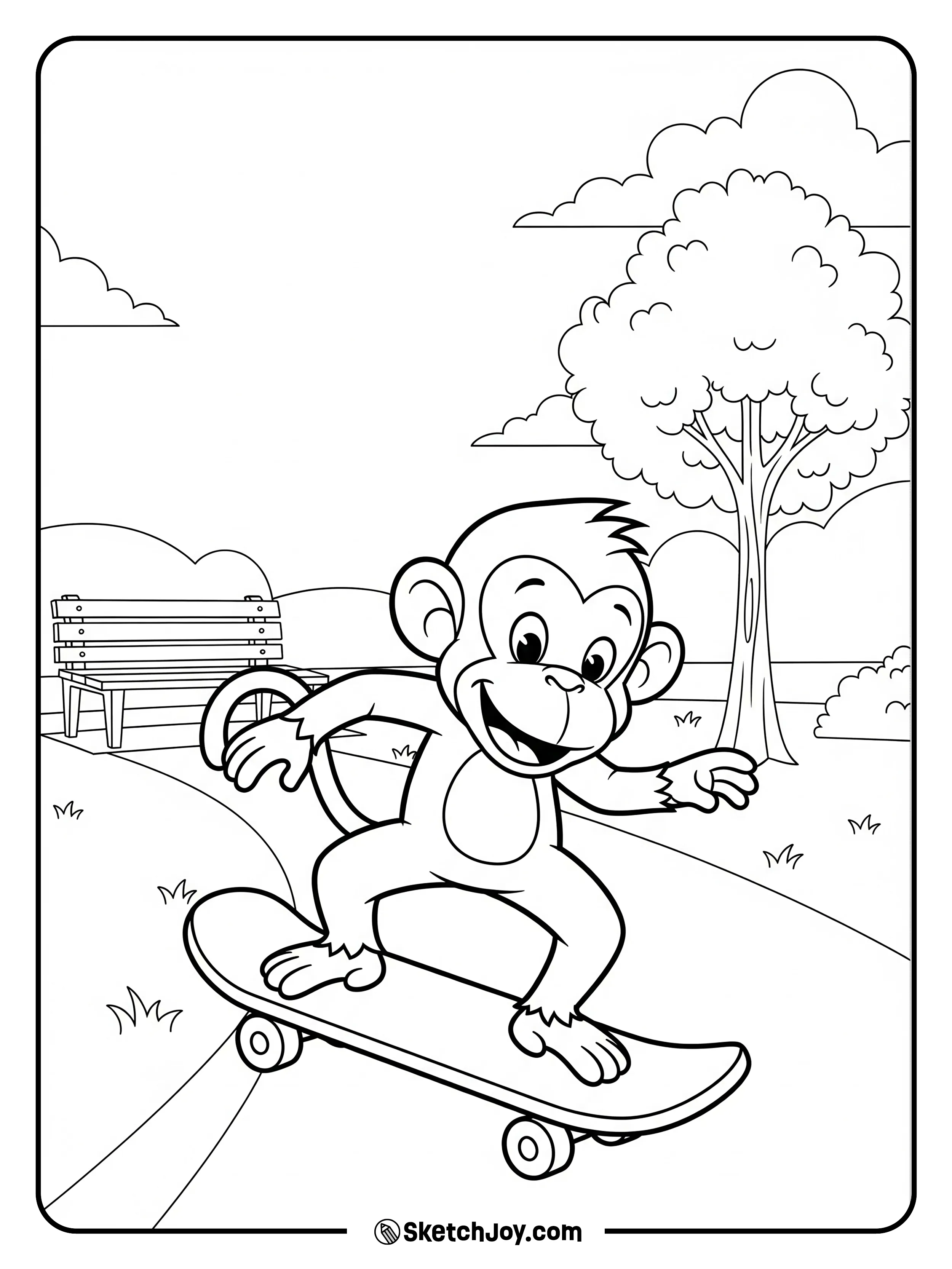 A sporty monkey rides a skateboard on a flat path.