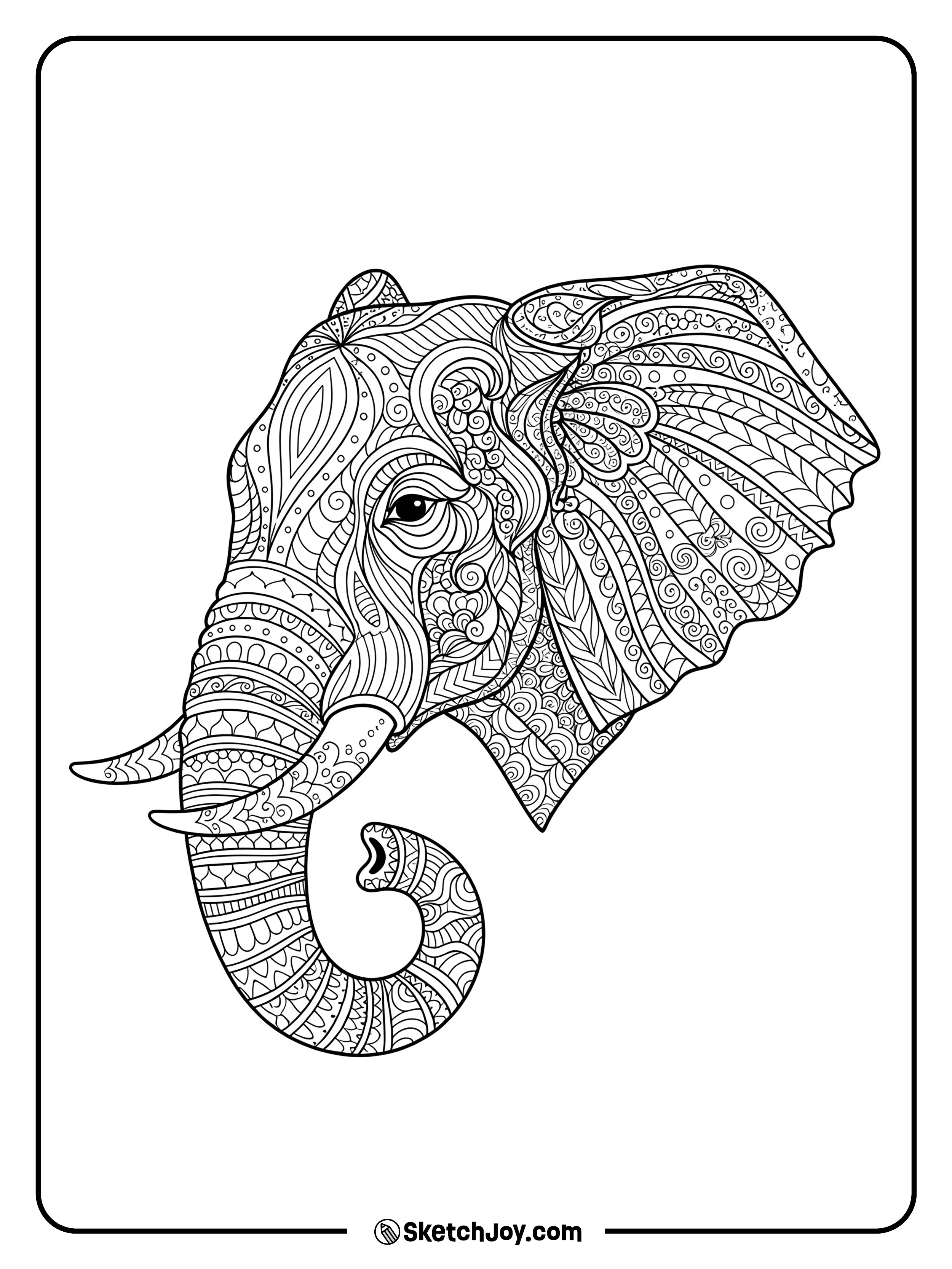 An elegant elephant head shows layered decorative lines and curls.